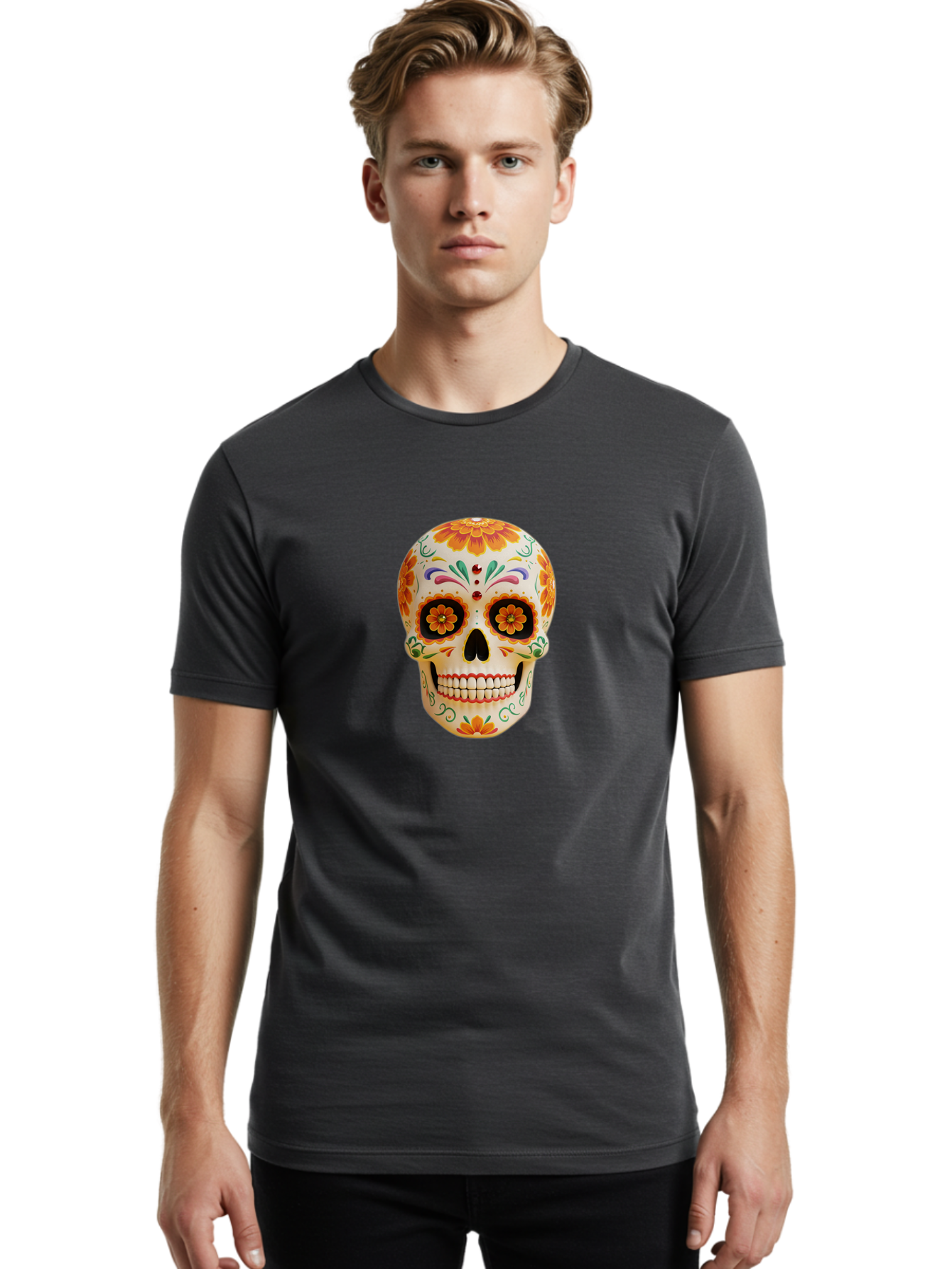 Sugar-Skull-20 Men'S Graphic Tee, 100% Cotton, Comfortable Casual Summer Wear, Machine Washable, Sugar Skull, Day Of The Dead, Dia De Los Muertos, Colorful Skull, Floral Decorations, Vibrant Colors, Mexican Art, Festive, Celebratory, Bad770 29