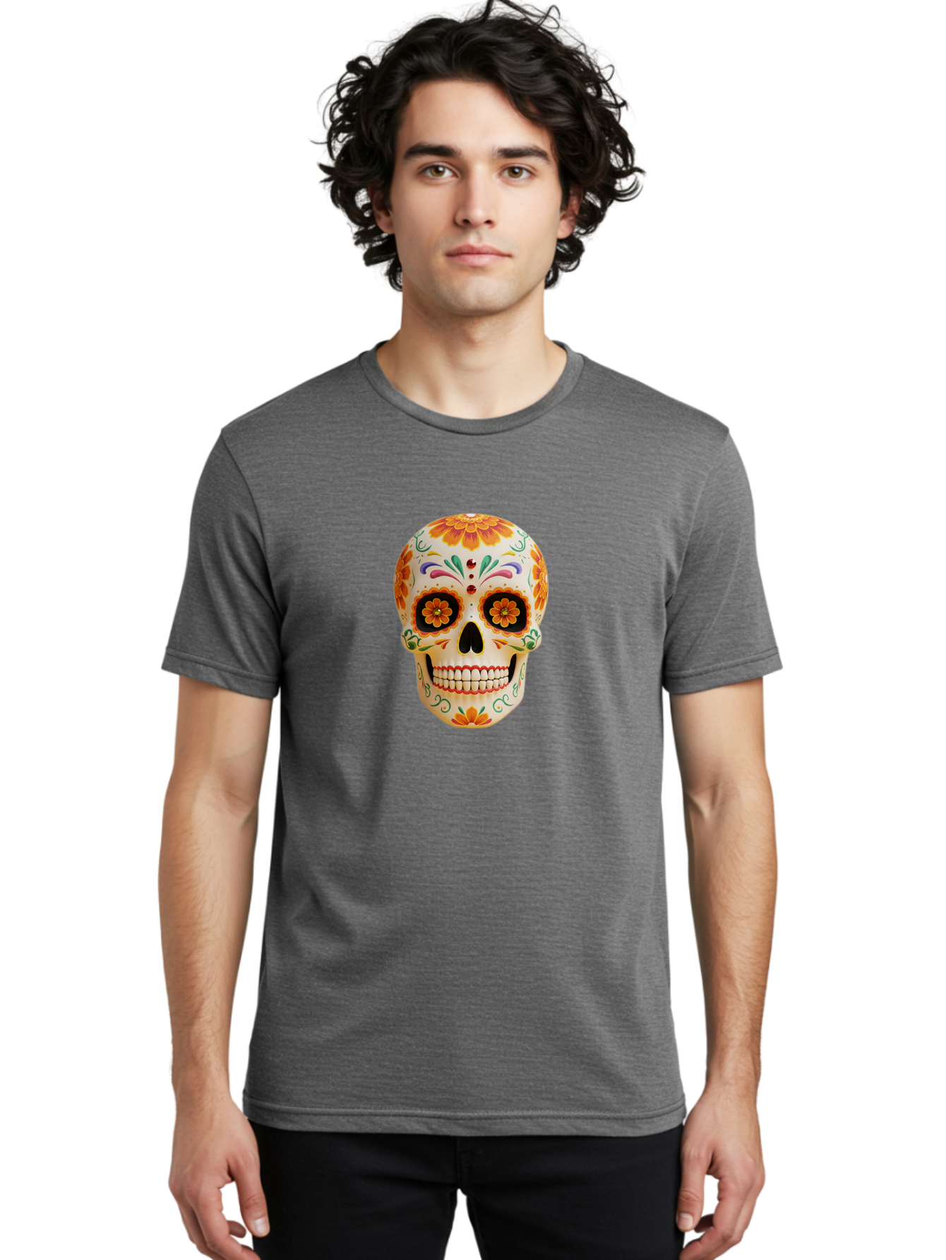 Sugar-Skull-20 Men'S Graphic Tee, 100% Cotton, Comfortable Casual Summer Wear, Machine Washable, Sugar Skull, Day Of The Dead, Dia De Los Muertos, Colorful Skull, Floral Decorations, Vibrant Colors, Mexican Art, Festive, Celebratory, Bad770 30