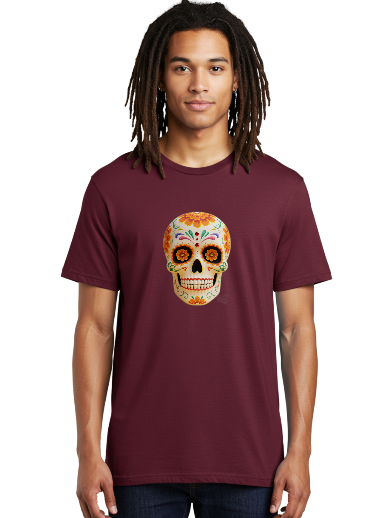 Sugar-Skull-20 Men'S Graphic Tee, 100% Cotton, Comfortable Casual Summer Wear, Machine Washable, Sugar Skull, Day Of The Dead, Dia De Los Muertos, Colorful Skull, Floral Decorations, Vibrant Colors, Mexican Art, Festive, Celebratory, Bad770 23