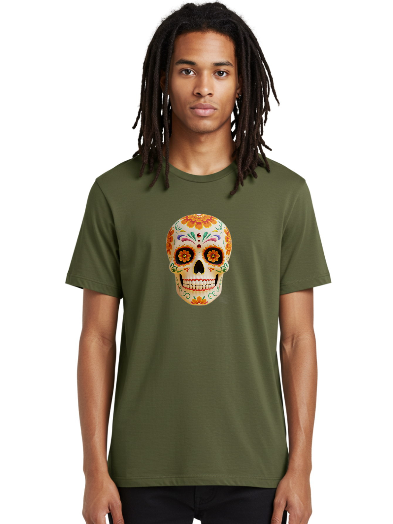 Sugar-Skull-20 Men'S Graphic Tee, 100% Cotton, Comfortable Casual Summer Wear, Machine Washable, Sugar Skull, Day Of The Dead, Dia De Los Muertos, Colorful Skull, Floral Decorations, Vibrant Colors, Mexican Art, Festive, Celebratory, Bad770 16