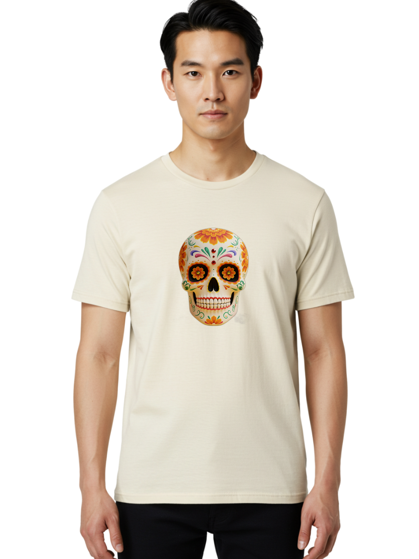 Sugar-Skull-20 Men'S Graphic Tee, 100% Cotton, Comfortable Casual Summer Wear, Machine Washable, Sugar Skull, Day Of The Dead, Dia De Los Muertos, Colorful Skull, Floral Decorations, Vibrant Colors, Mexican Art, Festive, Celebratory, Bad770 26