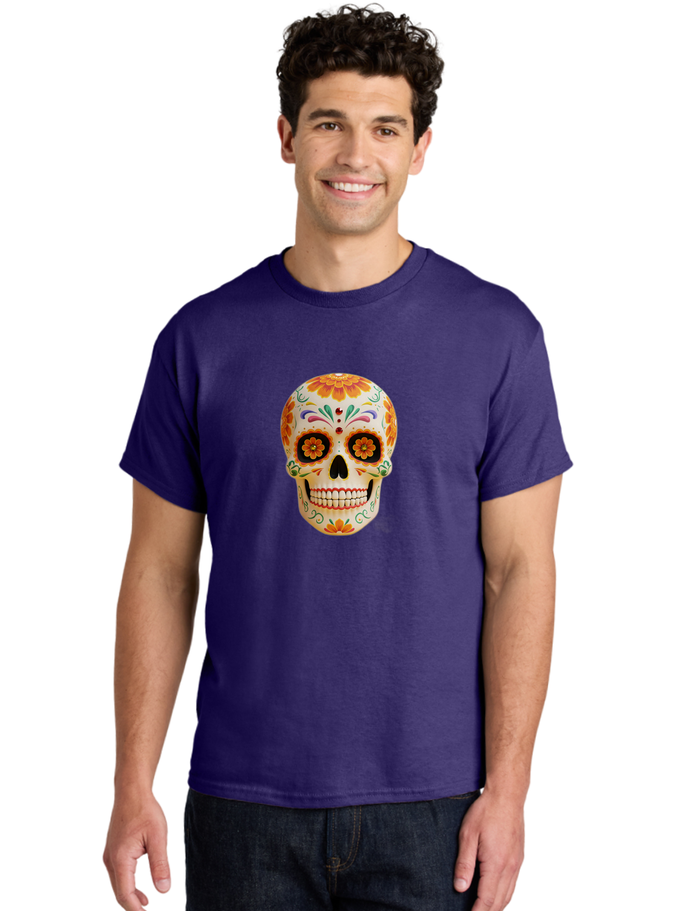 Sugar-Skull-20 Men'S Graphic Tee, 100% Cotton, Comfortable Casual Summer Wear, Machine Washable, Sugar Skull, Day Of The Dead, Dia De Los Muertos, Colorful Skull, Floral Decorations, Vibrant Colors, Mexican Art, Festive, Celebratory, Bad770 24