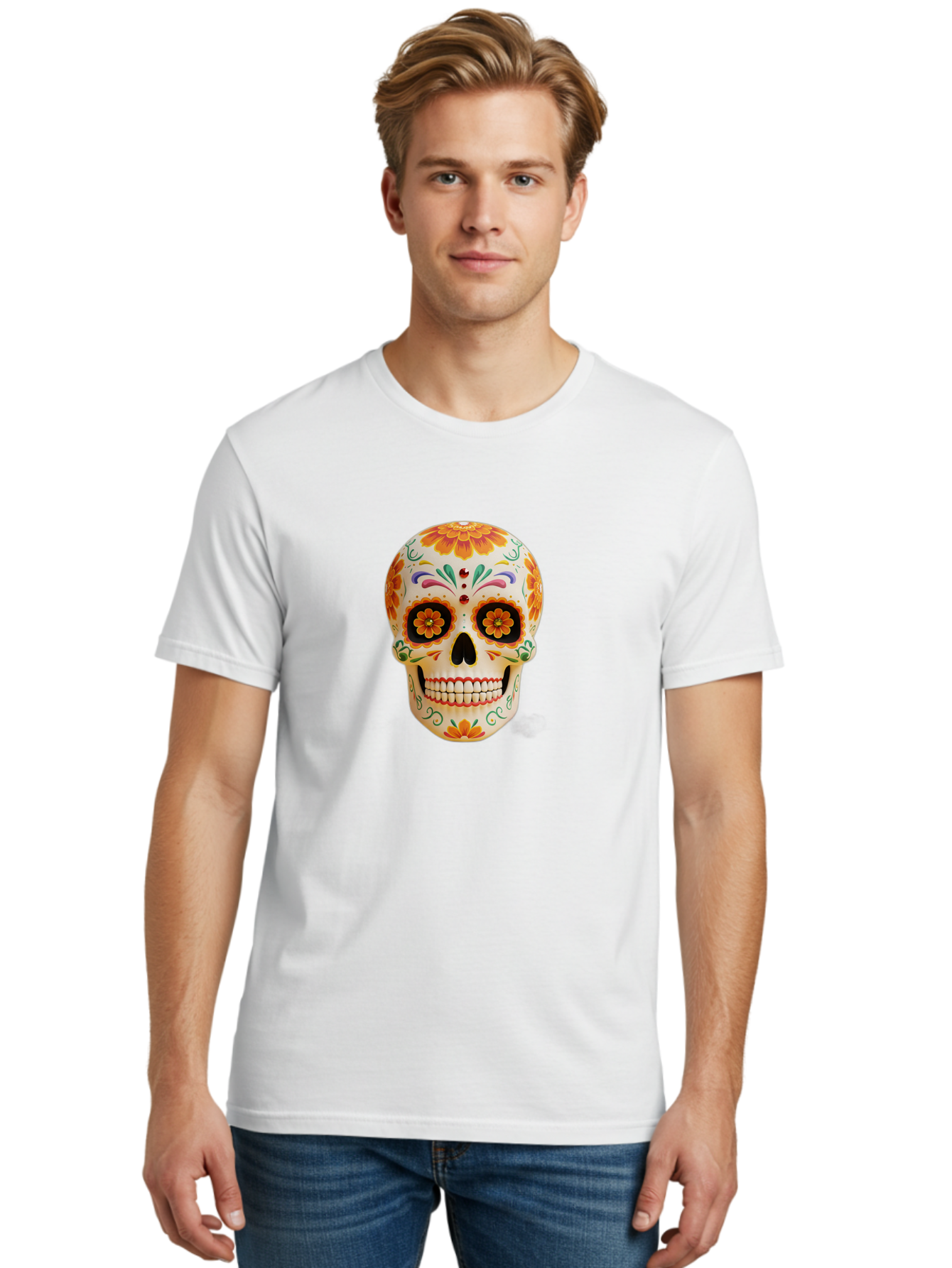 Sugar-Skull-20 Men'S Graphic Tee, 100% Cotton, Comfortable Casual Summer Wear, Machine Washable, Sugar Skull, Day Of The Dead, Dia De Los Muertos, Colorful Skull, Floral Decorations, Vibrant Colors, Mexican Art, Festive, Celebratory, Bad770 20