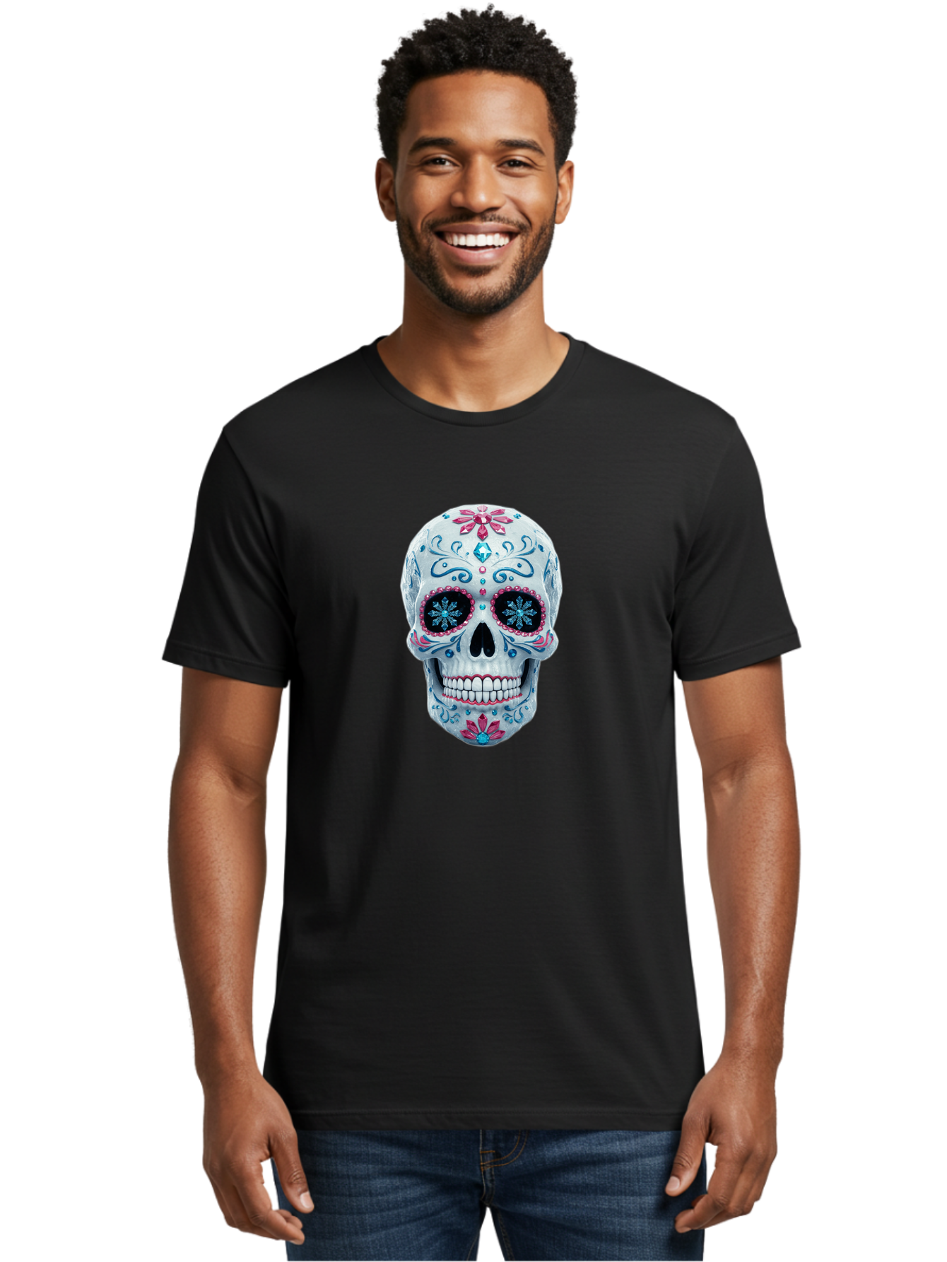Sugar-Skull-21 Men'S Graphic Tee, 100% Cotton, Comfortable Casual Summer Wear, Machine Washable, Sugar Skull, Day Of The Dead, Decorative Skull, Floral Designs, Blue And Pink Patterns, Intricate Details, Festive Vibe, Cultural Heritage, Bad771 16