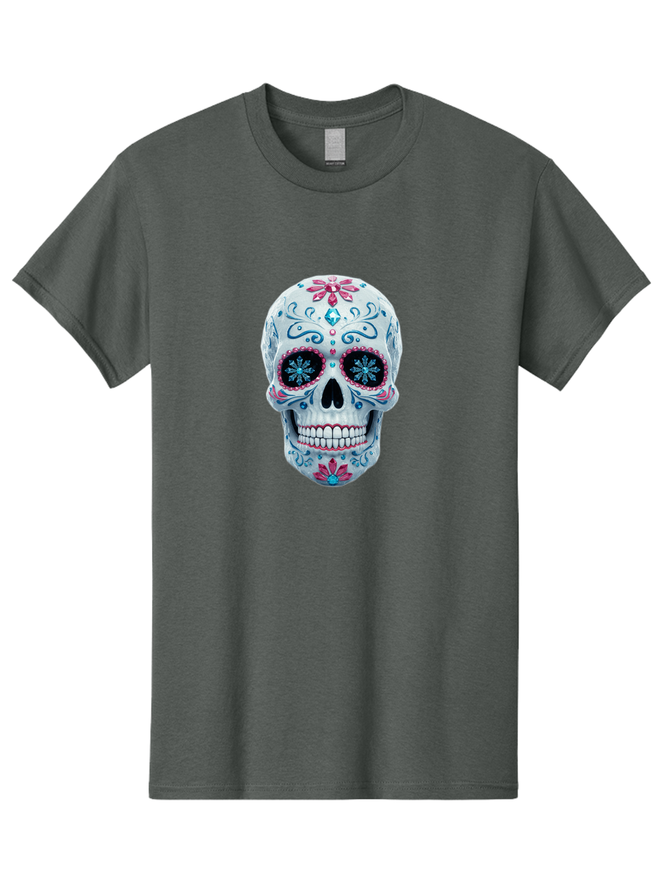 Sugar-Skull-21 Men'S Graphic Tee, 100% Cotton, Comfortable Casual Summer Wear, Machine Washable, Sugar Skull, Day Of The Dead, Decorative Skull, Floral Designs, Blue And Pink Patterns, Intricate Details, Festive Vibe, Cultural Heritage, Bad771 2