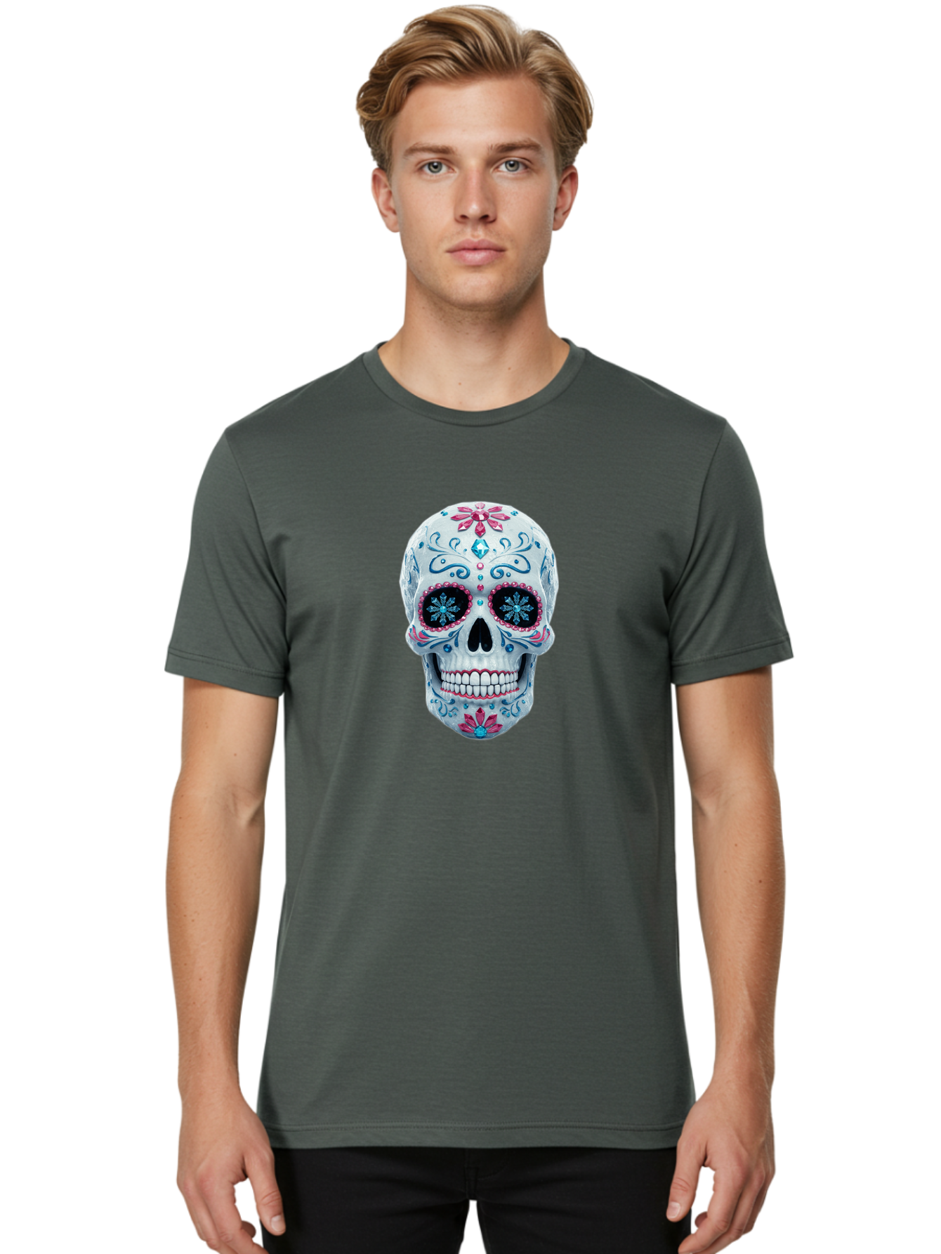 Sugar-Skull-21 Men'S Graphic Tee, 100% Cotton, Comfortable Casual Summer Wear, Machine Washable, Sugar Skull, Day Of The Dead, Decorative Skull, Floral Designs, Blue And Pink Patterns, Intricate Details, Festive Vibe, Cultural Heritage, Bad771 17