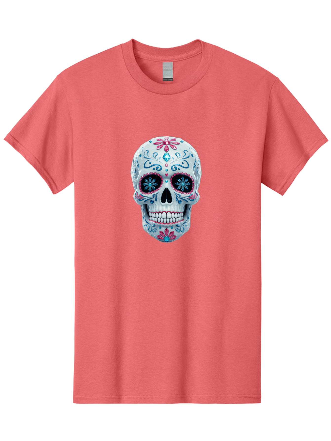 Sugar-Skull-21 Men'S Graphic Tee, 100% Cotton, Comfortable Casual Summer Wear, Machine Washable, Sugar Skull, Day Of The Dead, Decorative Skull, Floral Designs, Blue And Pink Patterns, Intricate Details, Festive Vibe, Cultural Heritage, Bad771 3