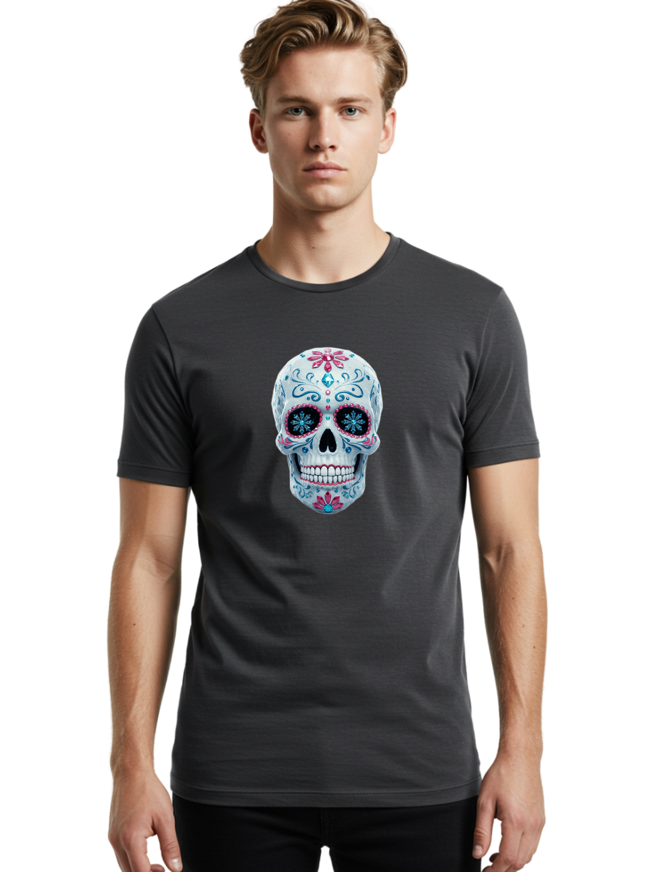 Sugar-Skull-21 Men'S Graphic Tee, 100% Cotton, Comfortable Casual Summer Wear, Machine Washable, Sugar Skull, Day Of The Dead, Decorative Skull, Floral Designs, Blue And Pink Patterns, Intricate Details, Festive Vibe, Cultural Heritage, Bad771 20