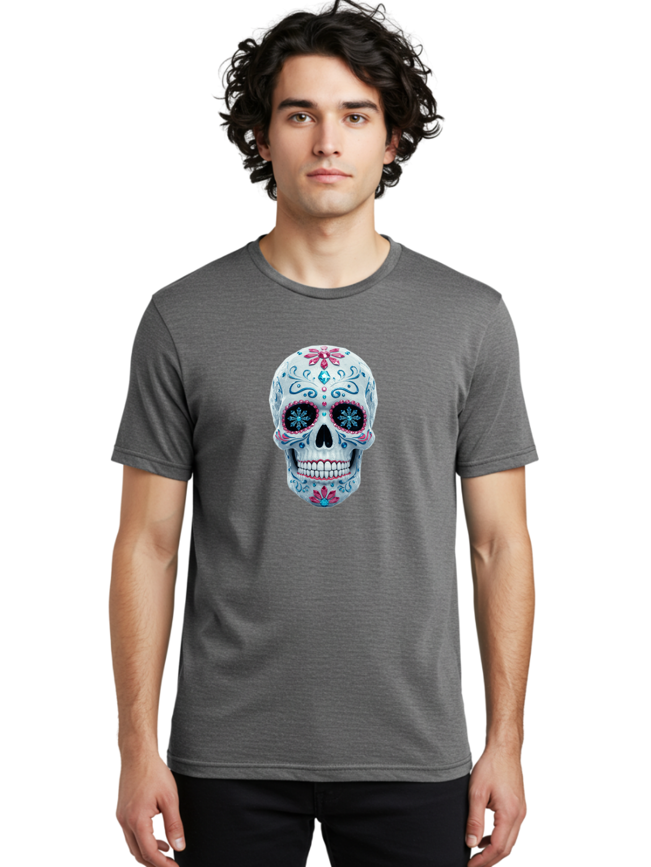 Sugar-Skull-21 Men'S Graphic Tee, 100% Cotton, Comfortable Casual Summer Wear, Machine Washable, Sugar Skull, Day Of The Dead, Decorative Skull, Floral Designs, Blue And Pink Patterns, Intricate Details, Festive Vibe, Cultural Heritage, Bad771 27