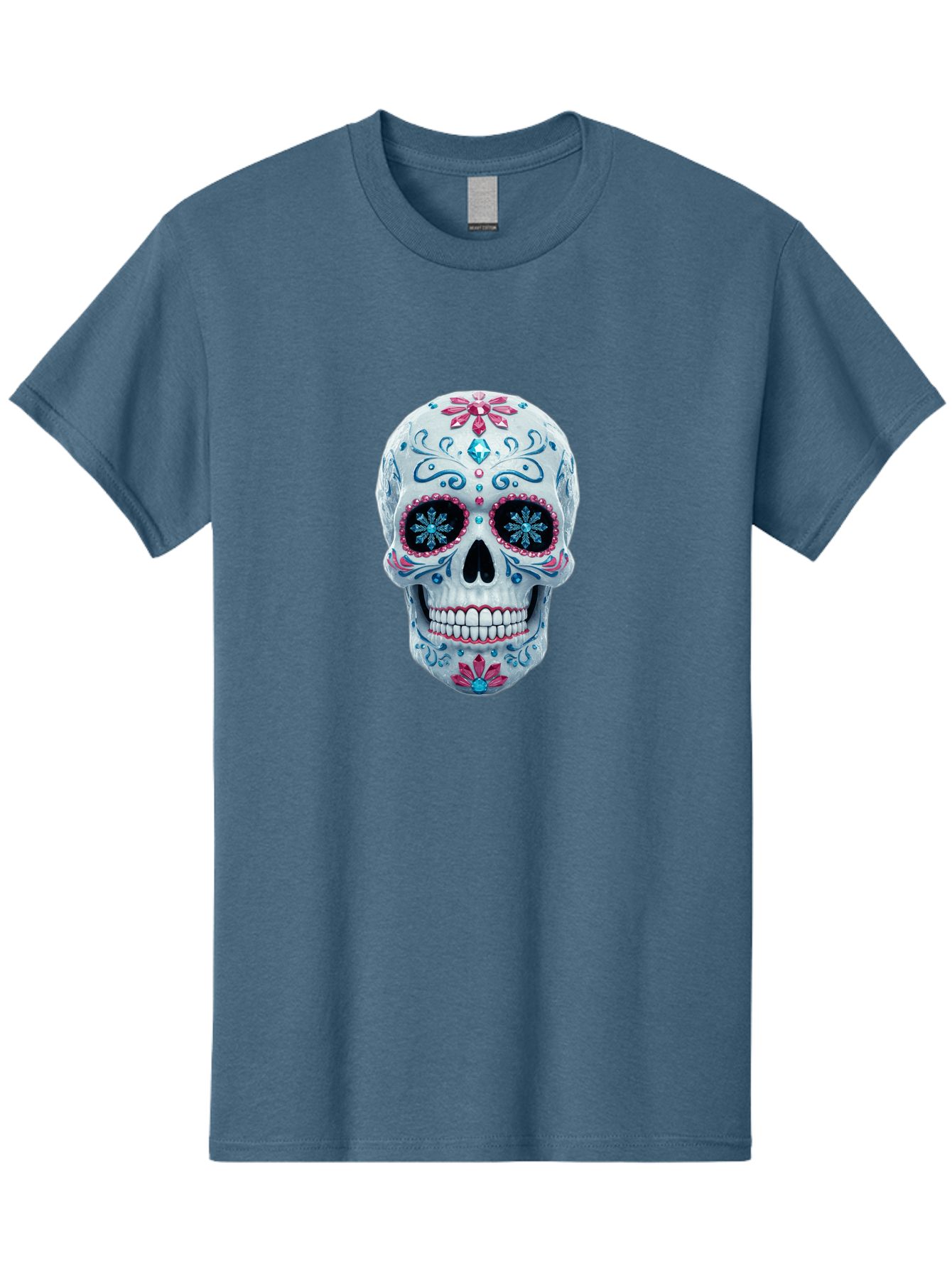 Sugar-Skull-21 Men'S Graphic Tee, 100% Cotton, Comfortable Casual Summer Wear, Machine Washable, Sugar Skull, Day Of The Dead, Decorative Skull, Floral Designs, Blue And Pink Patterns, Intricate Details, Festive Vibe, Cultural Heritage, Bad771 15