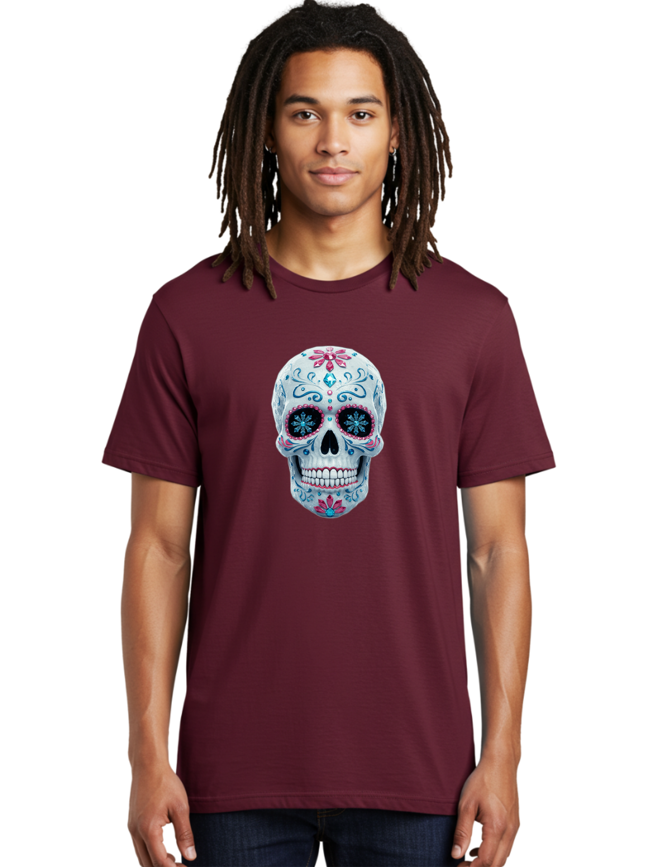 Sugar-Skull-21 Men'S Graphic Tee, 100% Cotton, Comfortable Casual Summer Wear, Machine Washable, Sugar Skull, Day Of The Dead, Decorative Skull, Floral Designs, Blue And Pink Patterns, Intricate Details, Festive Vibe, Cultural Heritage, Bad771 28