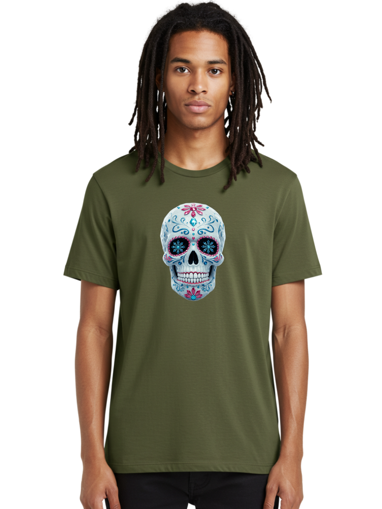 Sugar-Skull-21 Men'S Graphic Tee, 100% Cotton, Comfortable Casual Summer Wear, Machine Washable, Sugar Skull, Day Of The Dead, Decorative Skull, Floral Designs, Blue And Pink Patterns, Intricate Details, Festive Vibe, Cultural Heritage, Bad771 25