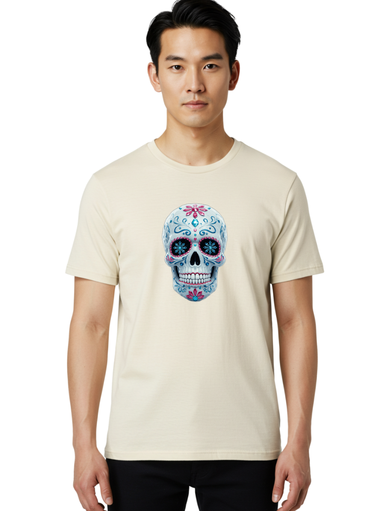 Sugar-Skull-21 Men'S Graphic Tee, 100% Cotton, Comfortable Casual Summer Wear, Machine Washable, Sugar Skull, Day Of The Dead, Decorative Skull, Floral Designs, Blue And Pink Patterns, Intricate Details, Festive Vibe, Cultural Heritage, Bad771 29