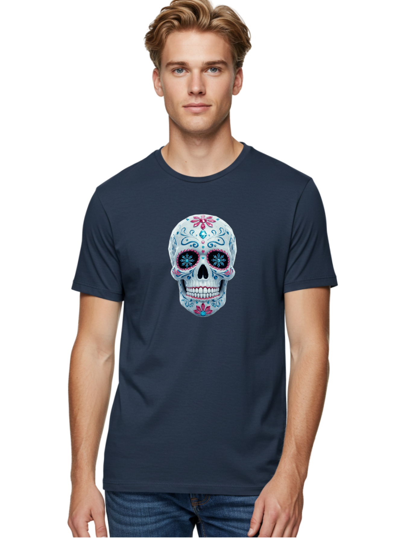 Sugar-Skull-21 Men'S Graphic Tee, 100% Cotton, Comfortable Casual Summer Wear, Machine Washable, Sugar Skull, Day Of The Dead, Decorative Skull, Floral Designs, Blue And Pink Patterns, Intricate Details, Festive Vibe, Cultural Heritage, Bad771 23