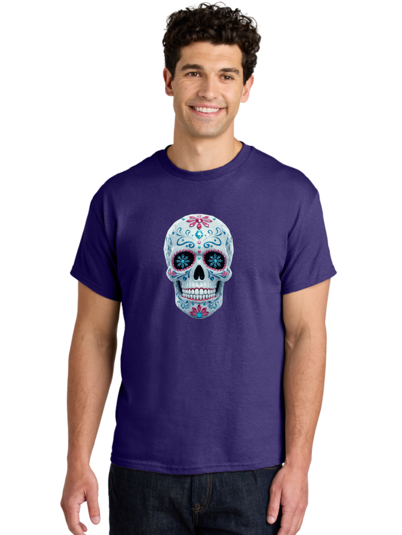 Sugar-Skull-21 Men'S Graphic Tee, 100% Cotton, Comfortable Casual Summer Wear, Machine Washable, Sugar Skull, Day Of The Dead, Decorative Skull, Floral Designs, Blue And Pink Patterns, Intricate Details, Festive Vibe, Cultural Heritage, Bad771 26
