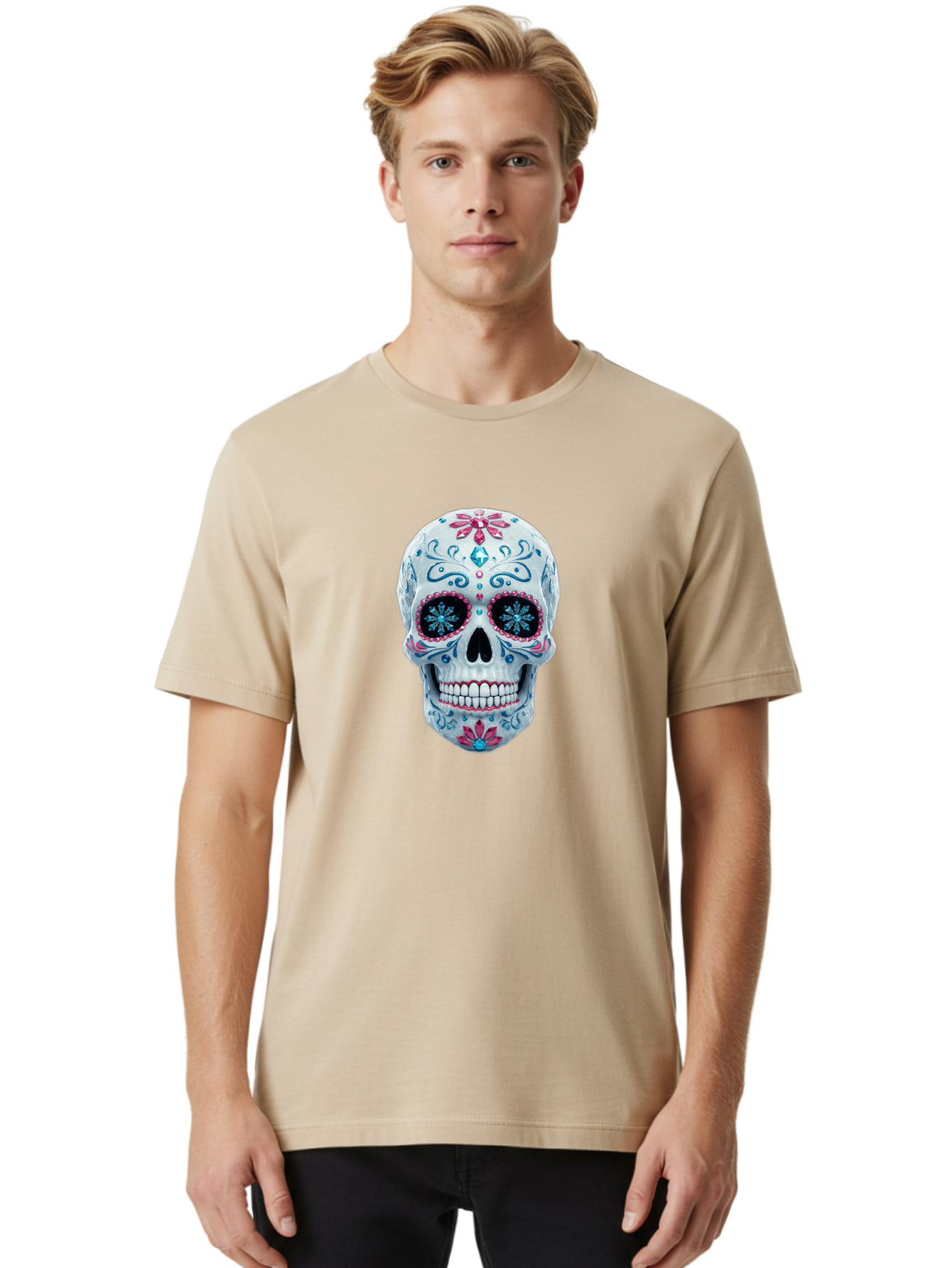 Sugar-Skull-21 Men'S Graphic Tee, 100% Cotton, Comfortable Casual Summer Wear, Machine Washable, Sugar Skull, Day Of The Dead, Decorative Skull, Floral Designs, Blue And Pink Patterns, Intricate Details, Festive Vibe, Cultural Heritage, Bad771 24