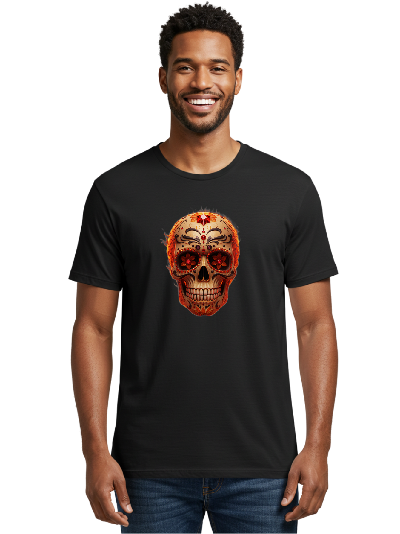 Sugar-Skull-22 Men'S Graphic Tee, 100% Cotton, Comfortable Casual Summer Wear, Machine Washable, Sugar Skull, Day Of The Dead, Mexican Culture, Decorated Skull, Floral Designs, Red Jewels, Festive, Traditional Art, Vibrant, Ornate Bad772 26