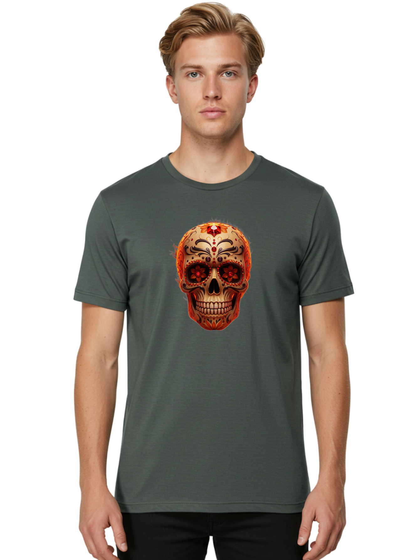 Sugar-Skull-22 Men'S Graphic Tee, 100% Cotton, Comfortable Casual Summer Wear, Machine Washable, Sugar Skull, Day Of The Dead, Mexican Culture, Decorated Skull, Floral Designs, Red Jewels, Festive, Traditional Art, Vibrant, Ornate Bad772 30