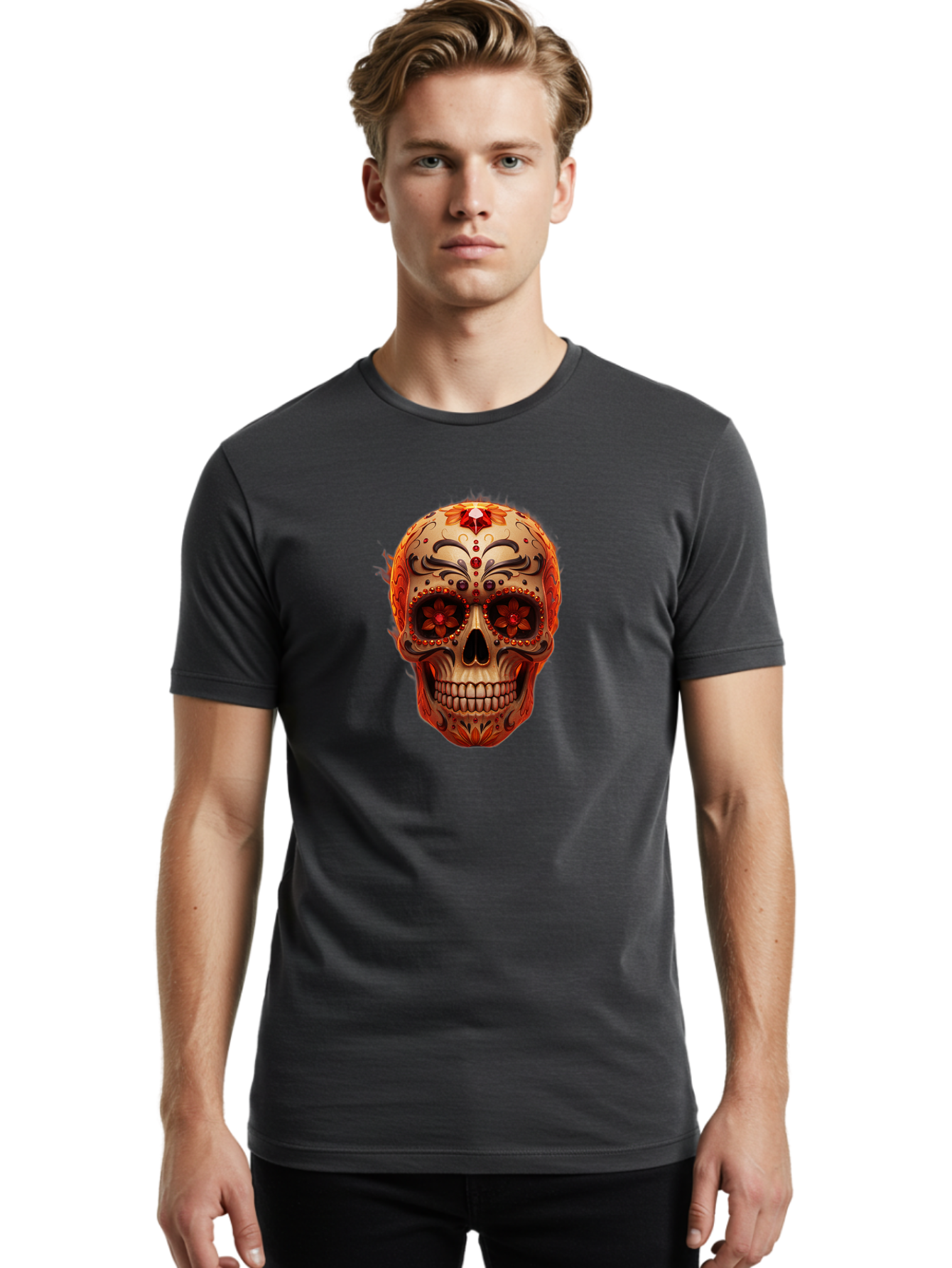 Sugar-Skull-22 Men'S Graphic Tee, 100% Cotton, Comfortable Casual Summer Wear, Machine Washable, Sugar Skull, Day Of The Dead, Mexican Culture, Decorated Skull, Floral Designs, Red Jewels, Festive, Traditional Art, Vibrant, Ornate Bad772 17