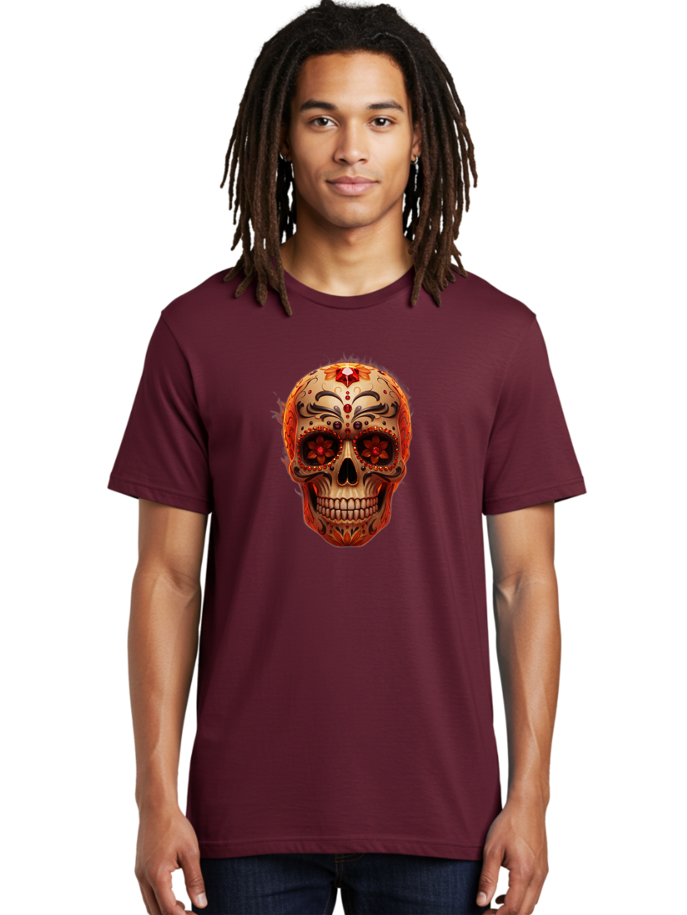 Sugar-Skull-22 Men'S Graphic Tee, 100% Cotton, Comfortable Casual Summer Wear, Machine Washable, Sugar Skull, Day Of The Dead, Mexican Culture, Decorated Skull, Floral Designs, Red Jewels, Festive, Traditional Art, Vibrant, Ornate Bad772 19