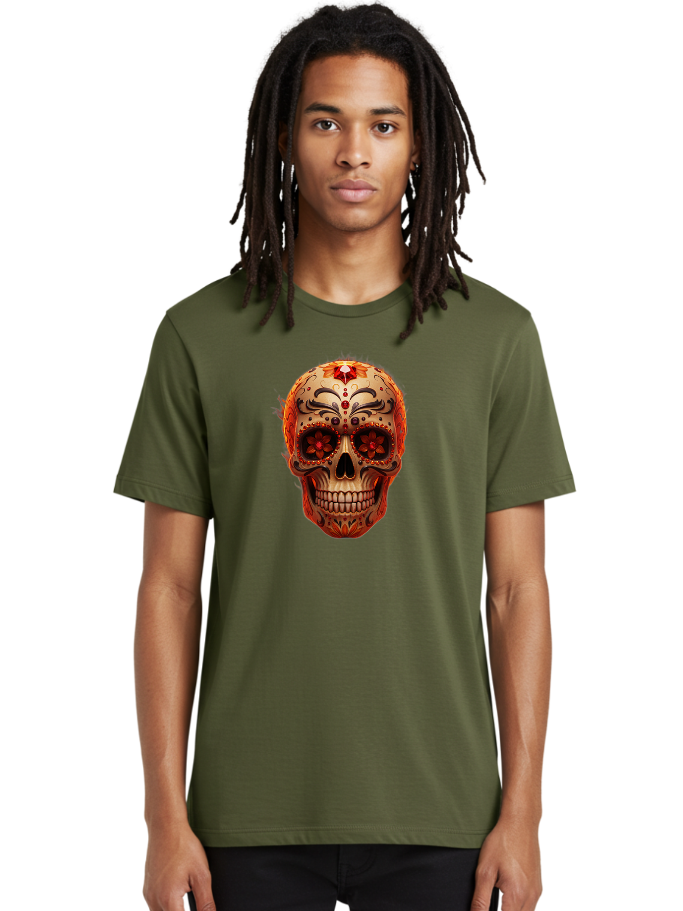 Sugar-Skull-22 Men'S Graphic Tee, 100% Cotton, Comfortable Casual Summer Wear, Machine Washable, Sugar Skull, Day Of The Dead, Mexican Culture, Decorated Skull, Floral Designs, Red Jewels, Festive, Traditional Art, Vibrant, Ornate Bad772 23