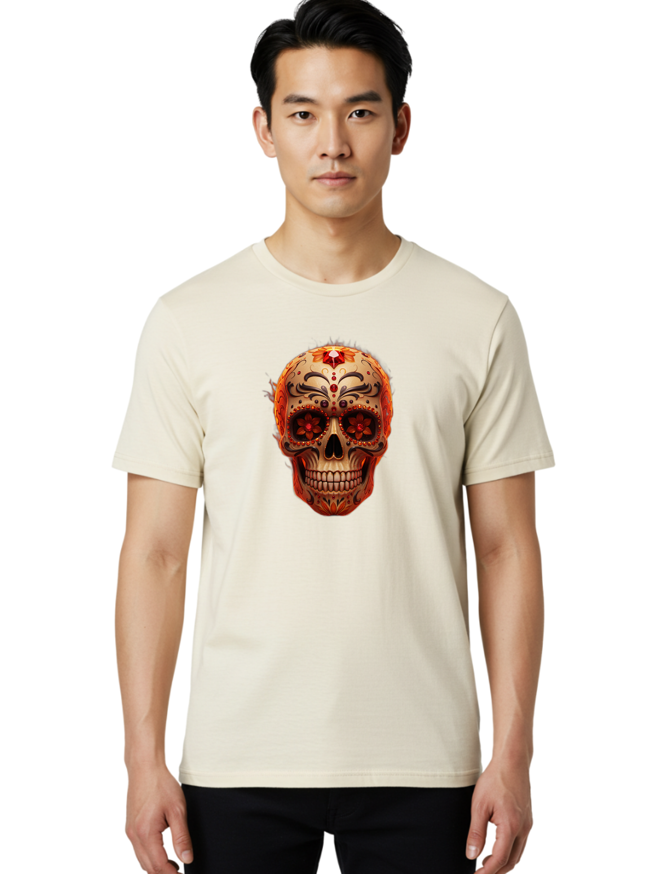 Sugar-Skull-22 Men'S Graphic Tee, 100% Cotton, Comfortable Casual Summer Wear, Machine Washable, Sugar Skull, Day Of The Dead, Mexican Culture, Decorated Skull, Floral Designs, Red Jewels, Festive, Traditional Art, Vibrant, Ornate Bad772 18