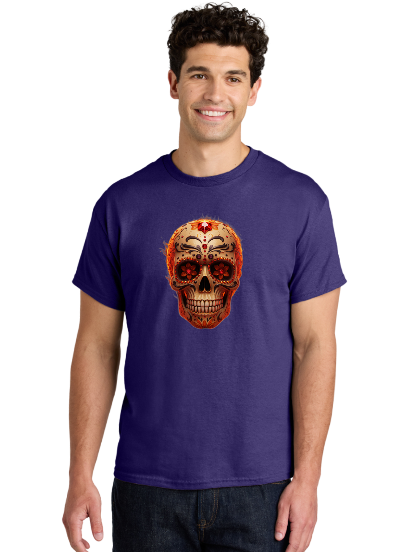 Sugar-Skull-22 Men'S Graphic Tee, 100% Cotton, Comfortable Casual Summer Wear, Machine Washable, Sugar Skull, Day Of The Dead, Mexican Culture, Decorated Skull, Floral Designs, Red Jewels, Festive, Traditional Art, Vibrant, Ornate Bad772 16