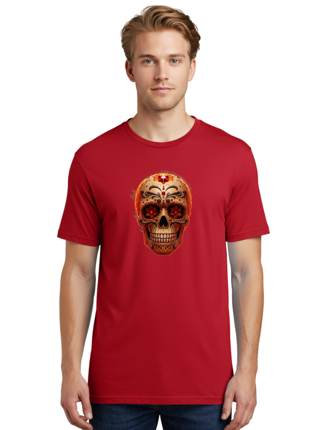 Sugar-Skull-22 Men'S Graphic Tee, 100% Cotton, Comfortable Casual Summer Wear, Machine Washable, Sugar Skull, Day Of The Dead, Mexican Culture, Decorated Skull, Floral Designs, Red Jewels, Festive, Traditional Art, Vibrant, Ornate Bad772 27