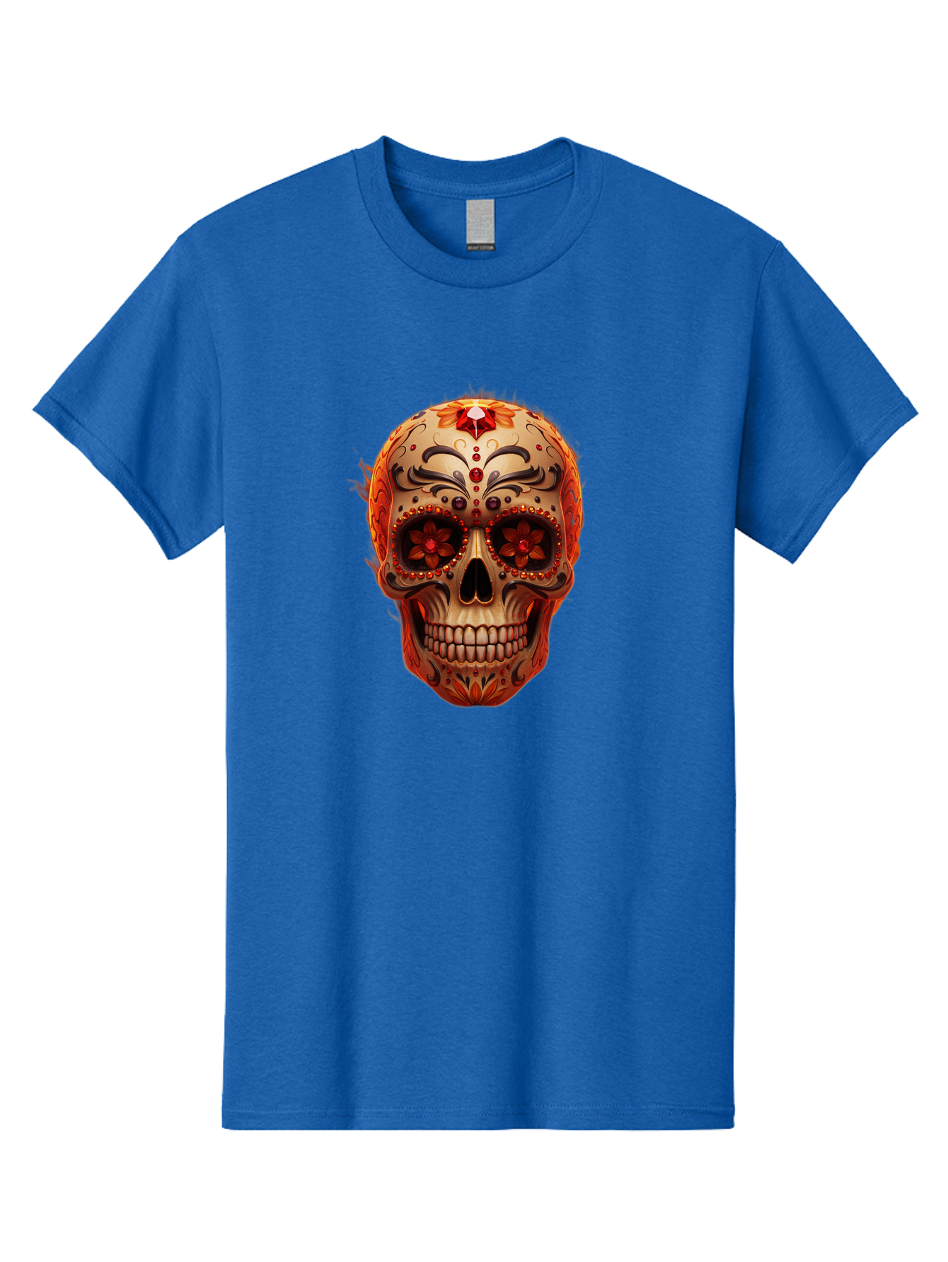 Sugar-Skull-22 Men'S Graphic Tee, 100% Cotton, Comfortable Casual Summer Wear, Machine Washable, Sugar Skull, Day Of The Dead, Mexican Culture, Decorated Skull, Floral Designs, Red Jewels, Festive, Traditional Art, Vibrant, Ornate Bad772 10