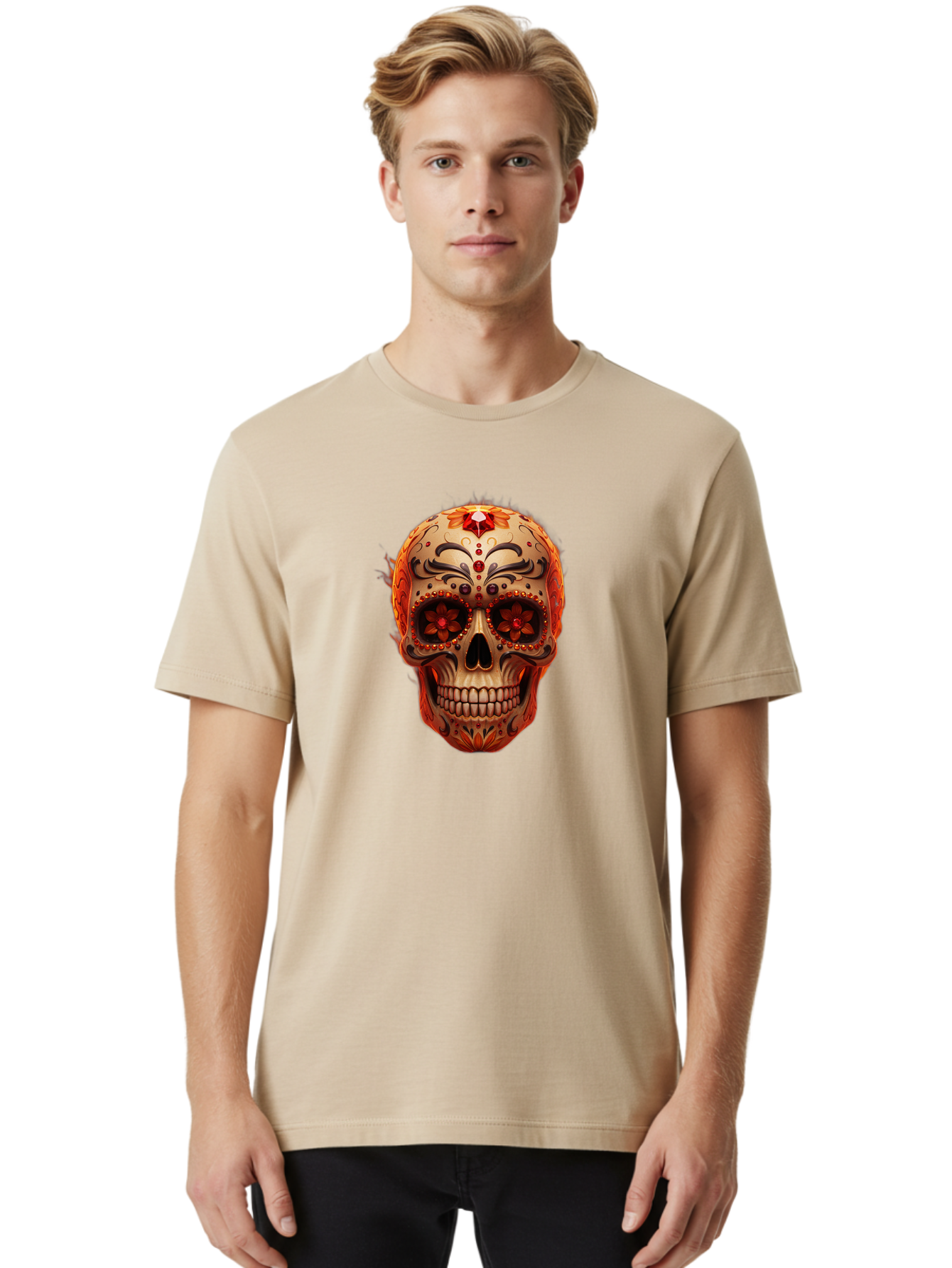 Sugar-Skull-22 Men'S Graphic Tee, 100% Cotton, Comfortable Casual Summer Wear, Machine Washable, Sugar Skull, Day Of The Dead, Mexican Culture, Decorated Skull, Floral Designs, Red Jewels, Festive, Traditional Art, Vibrant, Ornate Bad772 29