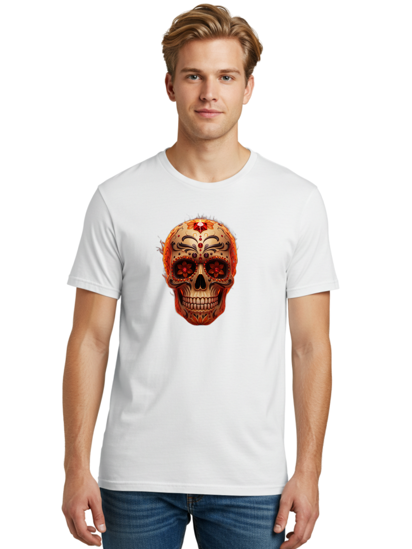 Sugar-Skull-22 Men'S Graphic Tee, 100% Cotton, Comfortable Casual Summer Wear, Machine Washable, Sugar Skull, Day Of The Dead, Mexican Culture, Decorated Skull, Floral Designs, Red Jewels, Festive, Traditional Art, Vibrant, Ornate Bad772 20