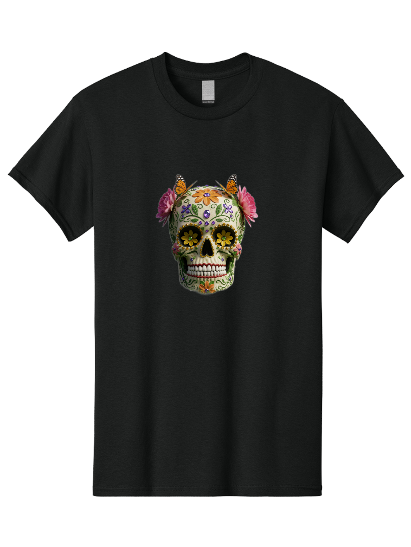 Sugar-Skull-23 Men'S Graphic Tee, 100% Cotton, Comfortable Casual Summer Wear, Machine Washable, Sugar Skull, Floral Designs, Vibrant Colors, Butterfly Decorations, Day Of The Dead, Mexican Culture, Festive Atmosphere, Colorful Flowers, Bad773 12