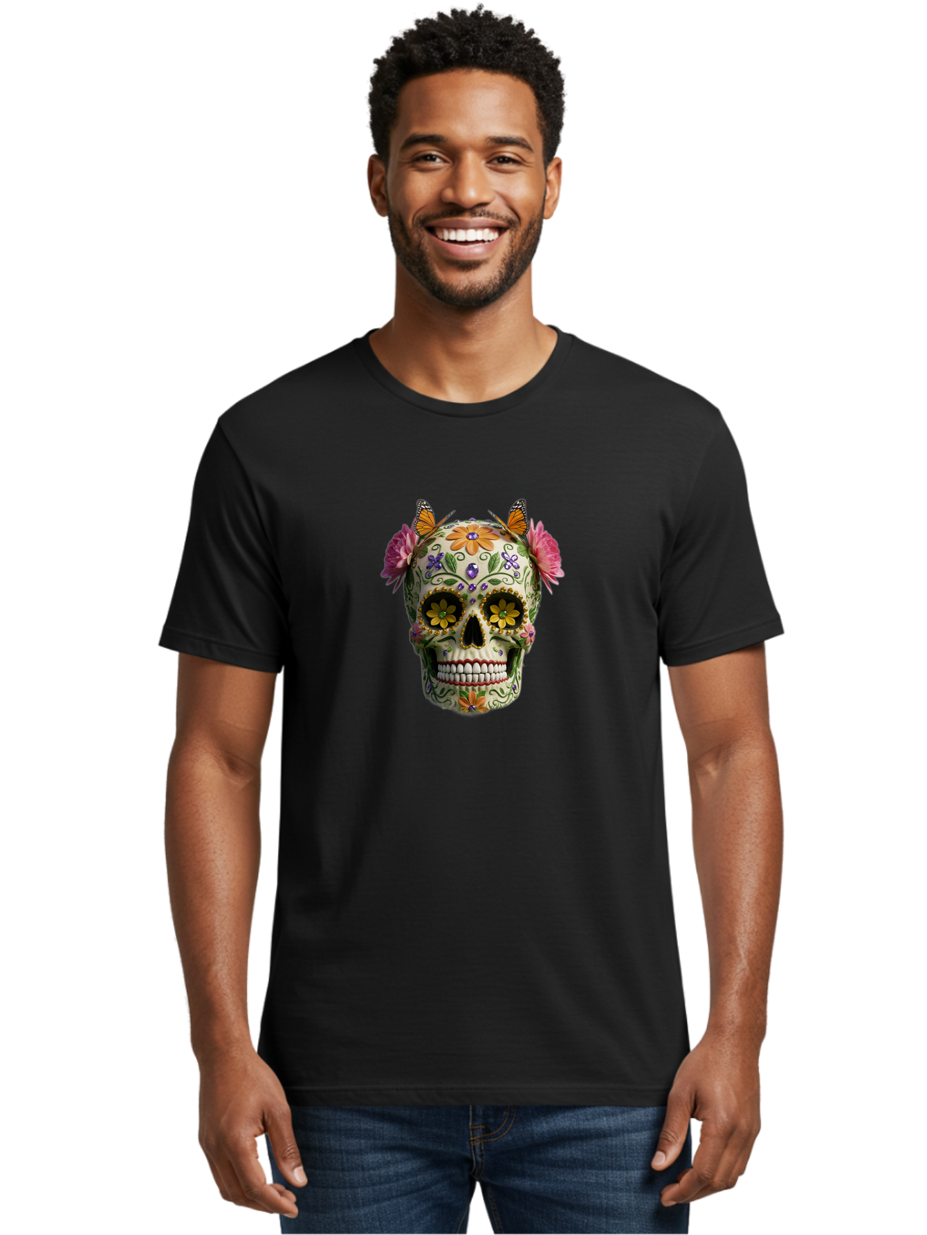 Sugar-Skull-23 Men'S Graphic Tee, 100% Cotton, Comfortable Casual Summer Wear, Machine Washable, Sugar Skull, Floral Designs, Vibrant Colors, Butterfly Decorations, Day Of The Dead, Mexican Culture, Festive Atmosphere, Colorful Flowers, Bad773 27