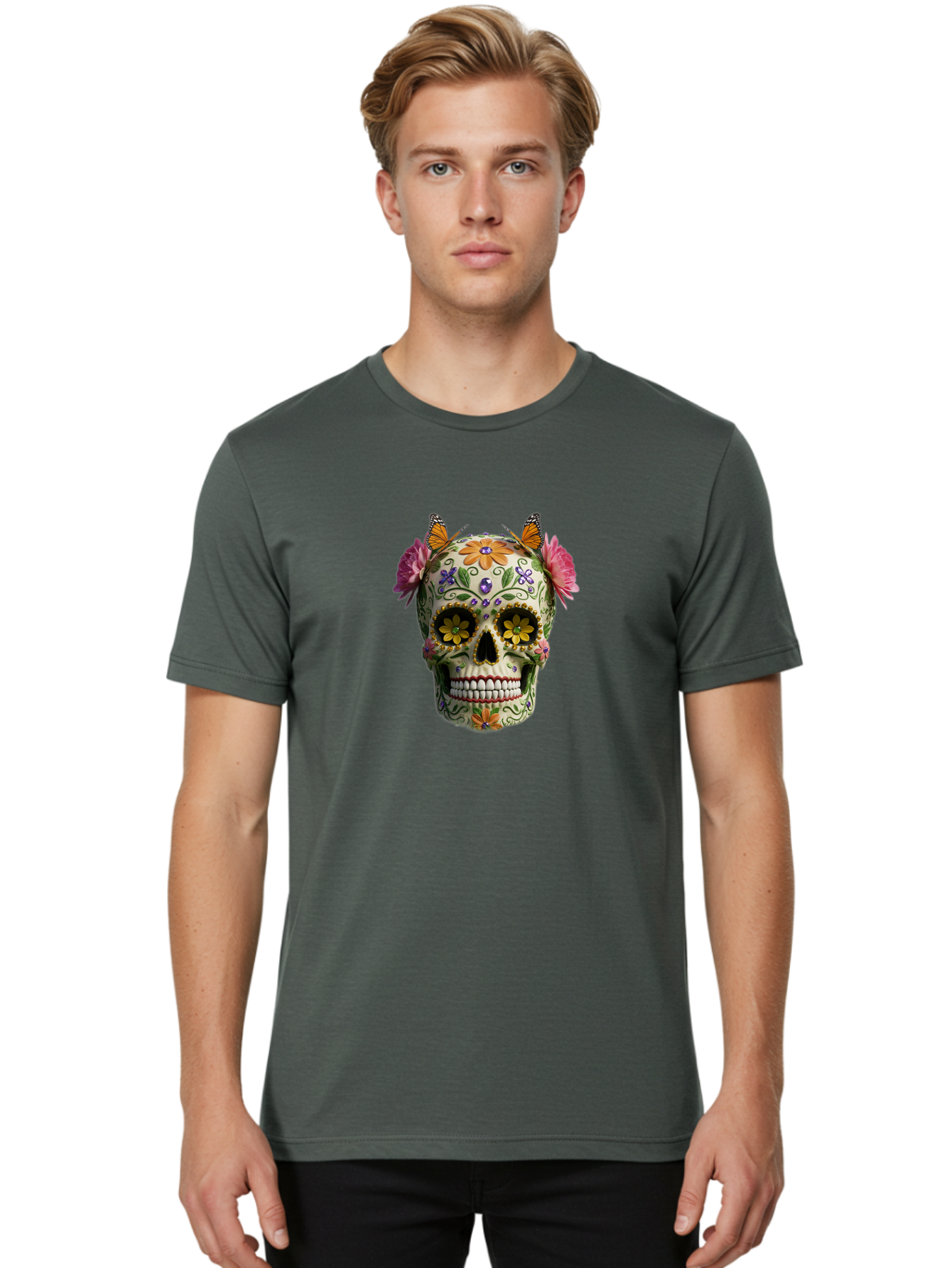 Sugar-Skull-23 Men'S Graphic Tee, 100% Cotton, Comfortable Casual Summer Wear, Machine Washable, Sugar Skull, Floral Designs, Vibrant Colors, Butterfly Decorations, Day Of The Dead, Mexican Culture, Festive Atmosphere, Colorful Flowers, Bad773 21