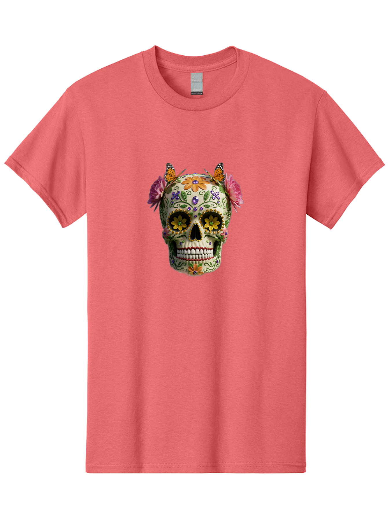 Sugar-Skull-23 Men'S Graphic Tee, 100% Cotton, Comfortable Casual Summer Wear, Machine Washable, Sugar Skull, Floral Designs, Vibrant Colors, Butterfly Decorations, Day Of The Dead, Mexican Culture, Festive Atmosphere, Colorful Flowers, Bad773 2