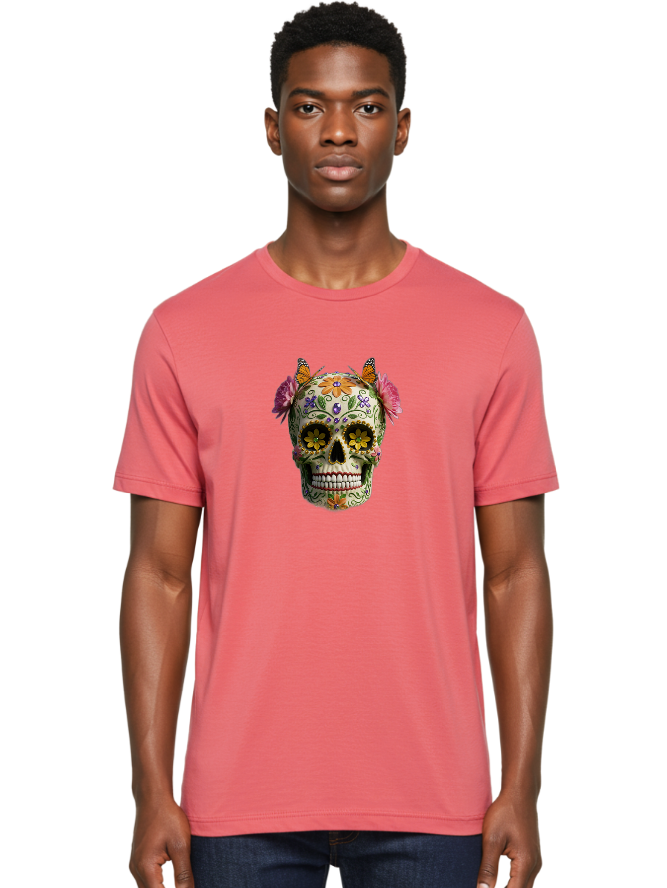 Sugar-Skull-23 Men'S Graphic Tee, 100% Cotton, Comfortable Casual Summer Wear, Machine Washable, Sugar Skull, Floral Designs, Vibrant Colors, Butterfly Decorations, Day Of The Dead, Mexican Culture, Festive Atmosphere, Colorful Flowers, Bad773 17