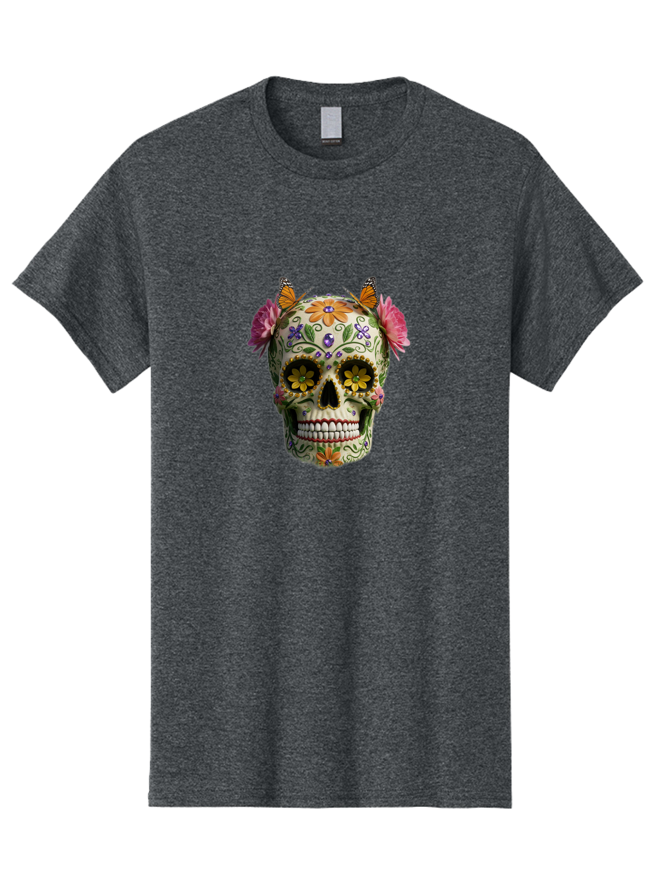 Sugar-Skull-23 Men'S Graphic Tee, 100% Cotton, Comfortable Casual Summer Wear, Machine Washable, Sugar Skull, Floral Designs, Vibrant Colors, Butterfly Decorations, Day Of The Dead, Mexican Culture, Festive Atmosphere, Colorful Flowers, Bad773 1