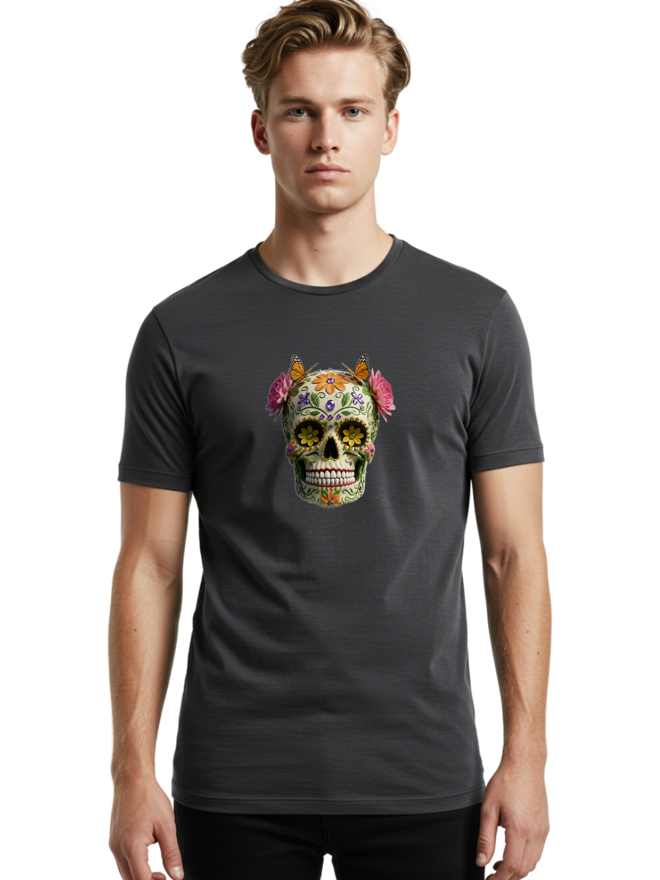 Sugar-Skull-23 Men'S Graphic Tee, 100% Cotton, Comfortable Casual Summer Wear, Machine Washable, Sugar Skull, Floral Designs, Vibrant Colors, Butterfly Decorations, Day Of The Dead, Mexican Culture, Festive Atmosphere, Colorful Flowers, Bad773 16
