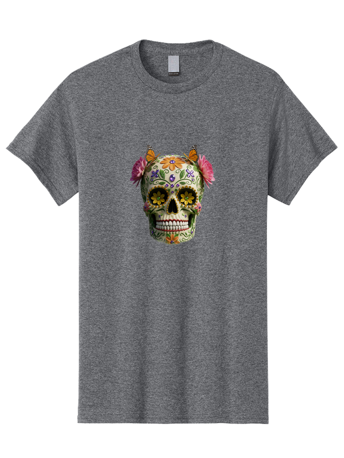 Sugar-Skull-23 Men'S Graphic Tee, 100% Cotton, Comfortable Casual Summer Wear, Machine Washable, Sugar Skull, Floral Designs, Vibrant Colors, Butterfly Decorations, Day Of The Dead, Mexican Culture, Festive Atmosphere, Colorful Flowers, Bad773 8