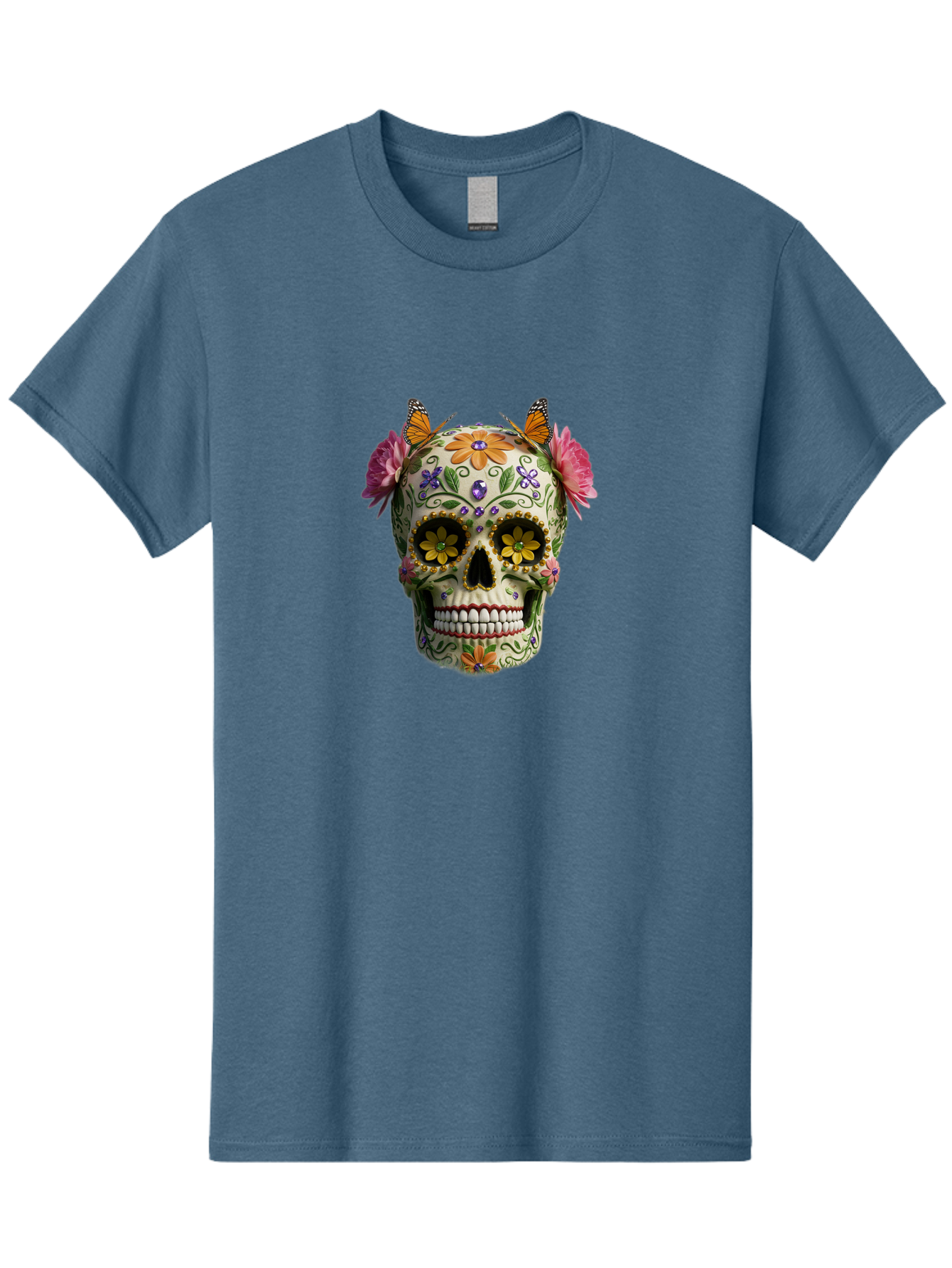 Sugar-Skull-23 Men'S Graphic Tee, 100% Cotton, Comfortable Casual Summer Wear, Machine Washable, Sugar Skull, Floral Designs, Vibrant Colors, Butterfly Decorations, Day Of The Dead, Mexican Culture, Festive Atmosphere, Colorful Flowers, Bad773 9