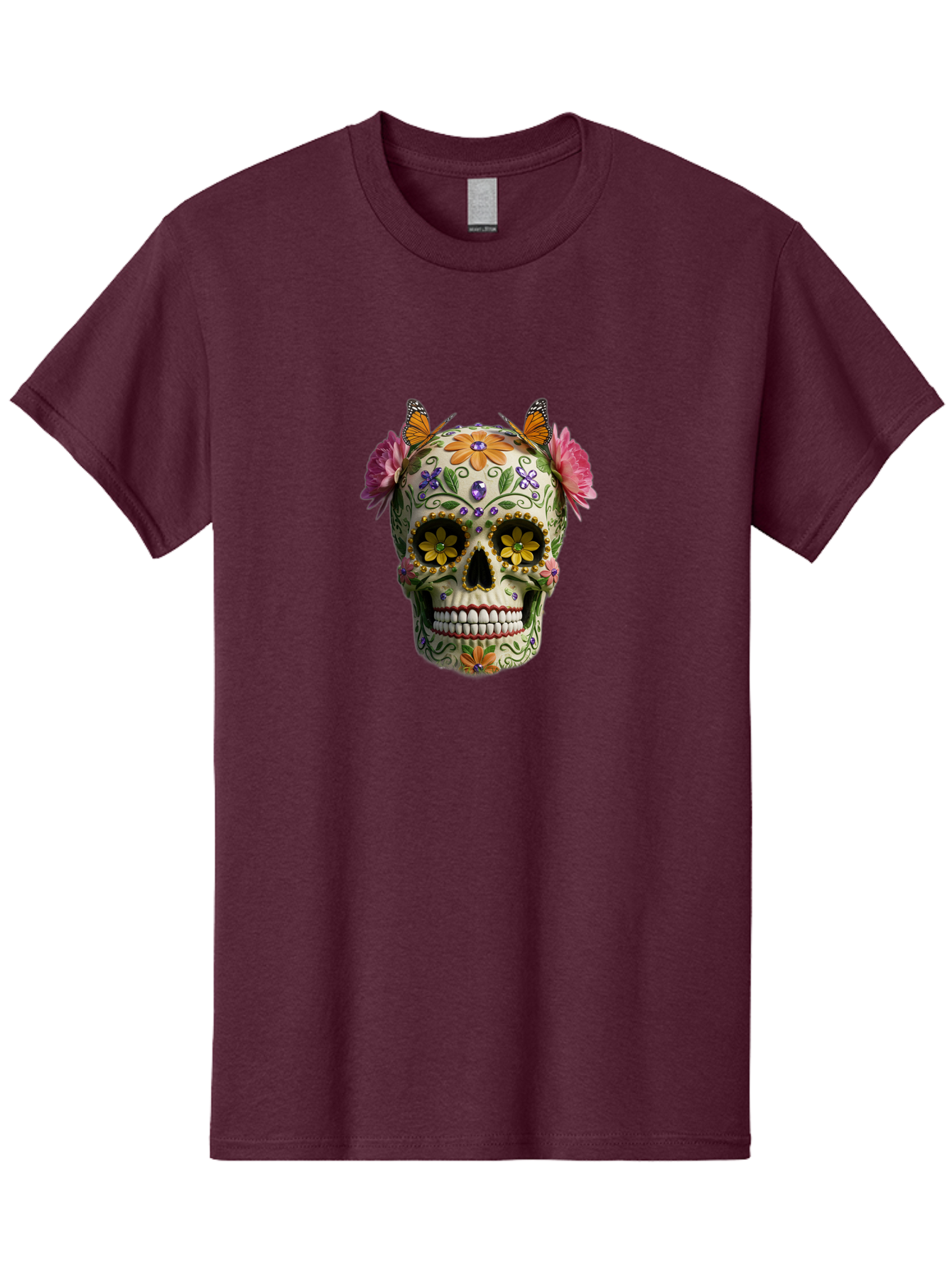 Sugar-Skull-23 Men'S Graphic Tee, 100% Cotton, Comfortable Casual Summer Wear, Machine Washable, Sugar Skull, Floral Designs, Vibrant Colors, Butterfly Decorations, Day Of The Dead, Mexican Culture, Festive Atmosphere, Colorful Flowers, Bad773 15