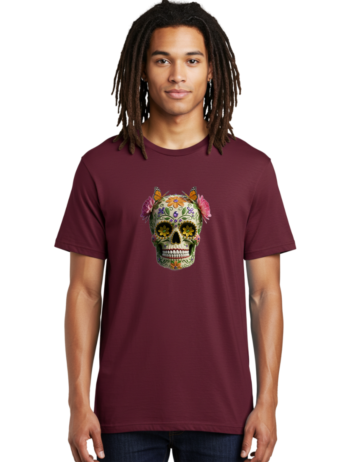 Sugar-Skull-23 Men'S Graphic Tee, 100% Cotton, Comfortable Casual Summer Wear, Machine Washable, Sugar Skull, Floral Designs, Vibrant Colors, Butterfly Decorations, Day Of The Dead, Mexican Culture, Festive Atmosphere, Colorful Flowers, Bad773 30