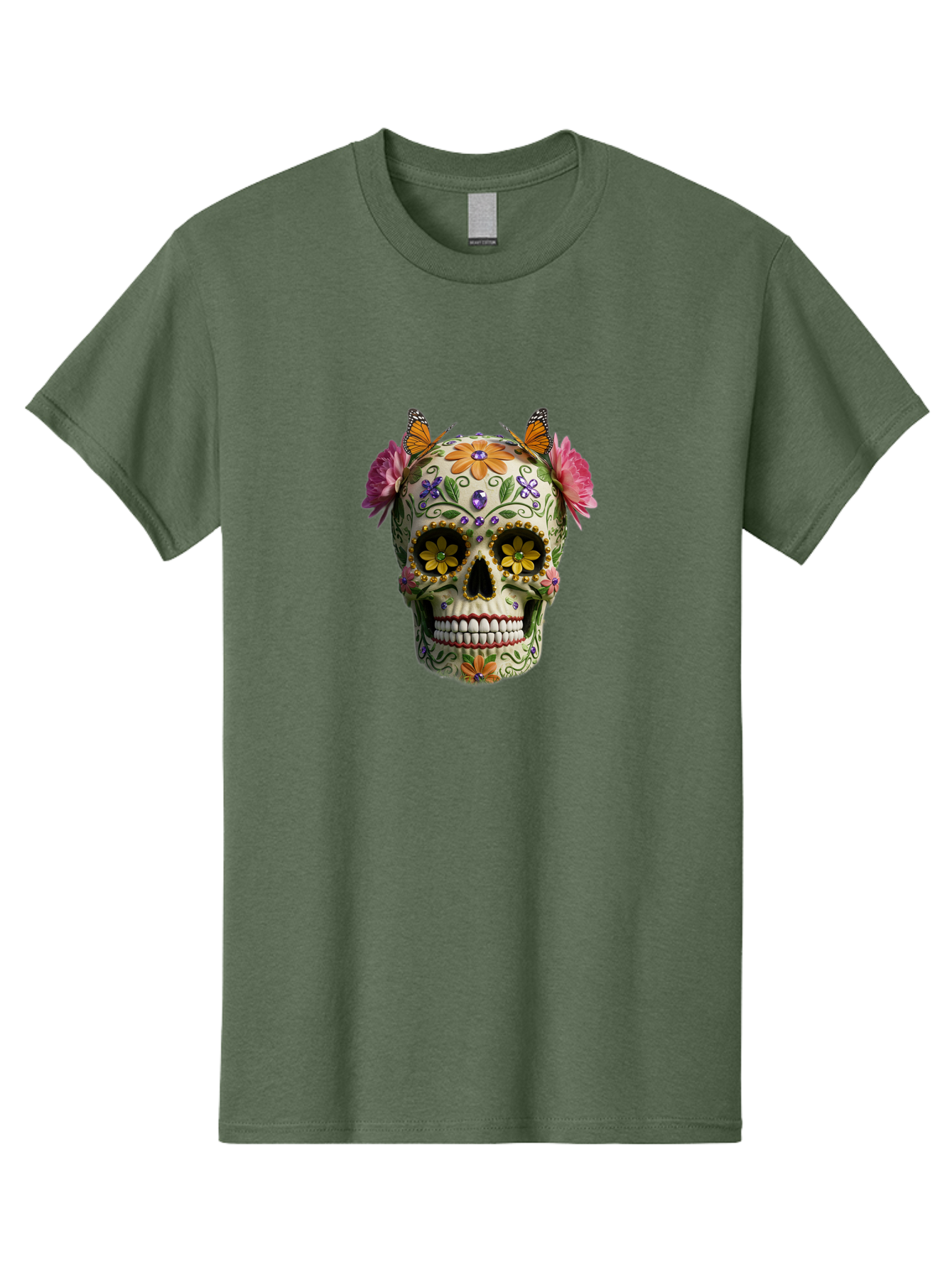 Sugar-Skull-23 Men'S Graphic Tee, 100% Cotton, Comfortable Casual Summer Wear, Machine Washable, Sugar Skull, Floral Designs, Vibrant Colors, Butterfly Decorations, Day Of The Dead, Mexican Culture, Festive Atmosphere, Colorful Flowers, Bad773 7