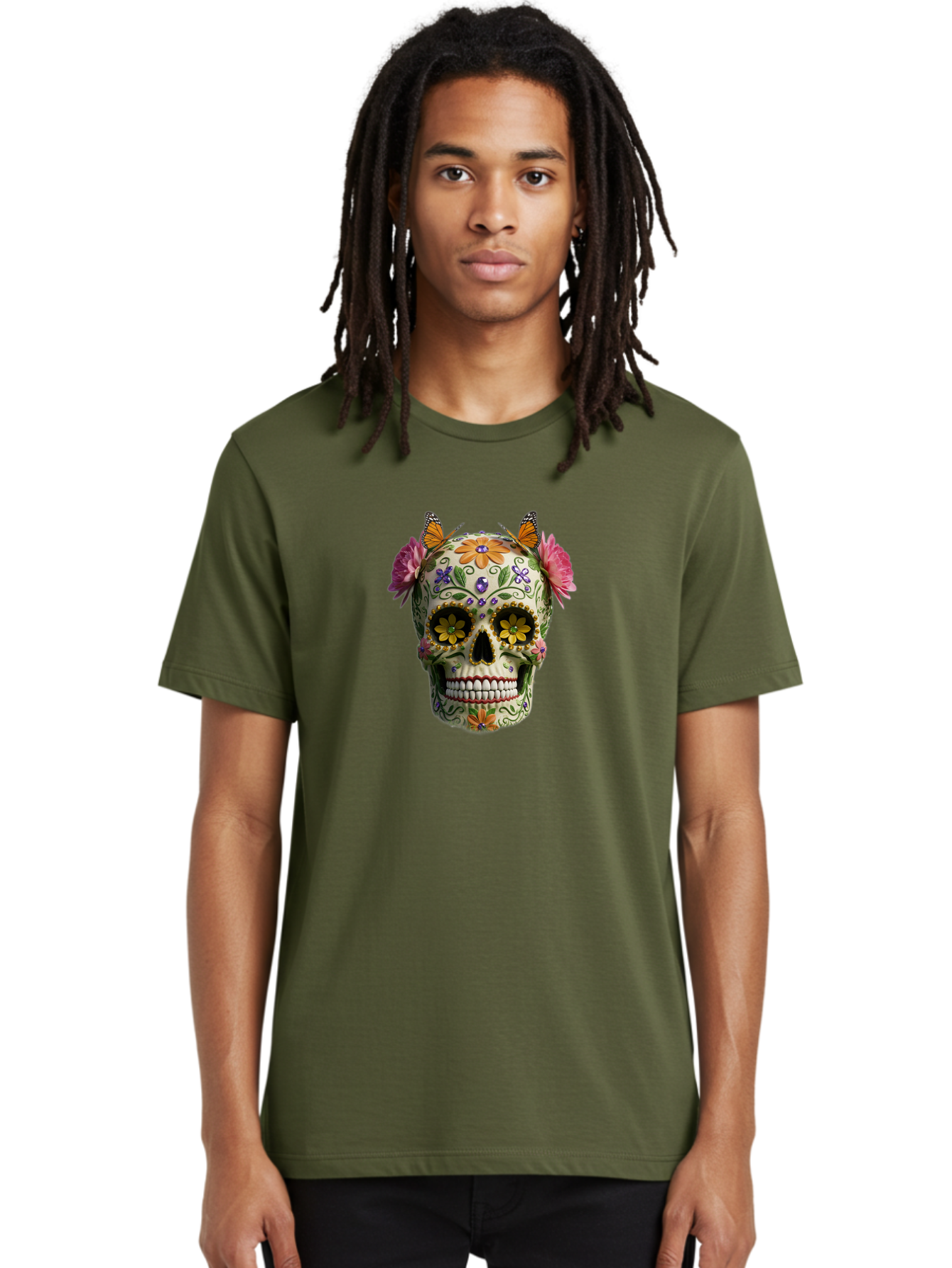 Sugar-Skull-23 Men'S Graphic Tee, 100% Cotton, Comfortable Casual Summer Wear, Machine Washable, Sugar Skull, Floral Designs, Vibrant Colors, Butterfly Decorations, Day Of The Dead, Mexican Culture, Festive Atmosphere, Colorful Flowers, Bad773 22