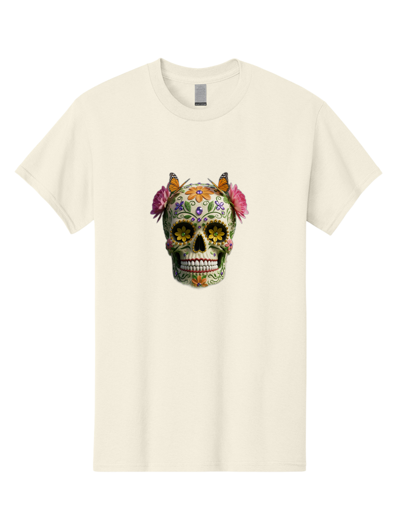 Sugar-Skull-23 Men'S Graphic Tee, 100% Cotton, Comfortable Casual Summer Wear, Machine Washable, Sugar Skull, Floral Designs, Vibrant Colors, Butterfly Decorations, Day Of The Dead, Mexican Culture, Festive Atmosphere, Colorful Flowers, Bad773 14
