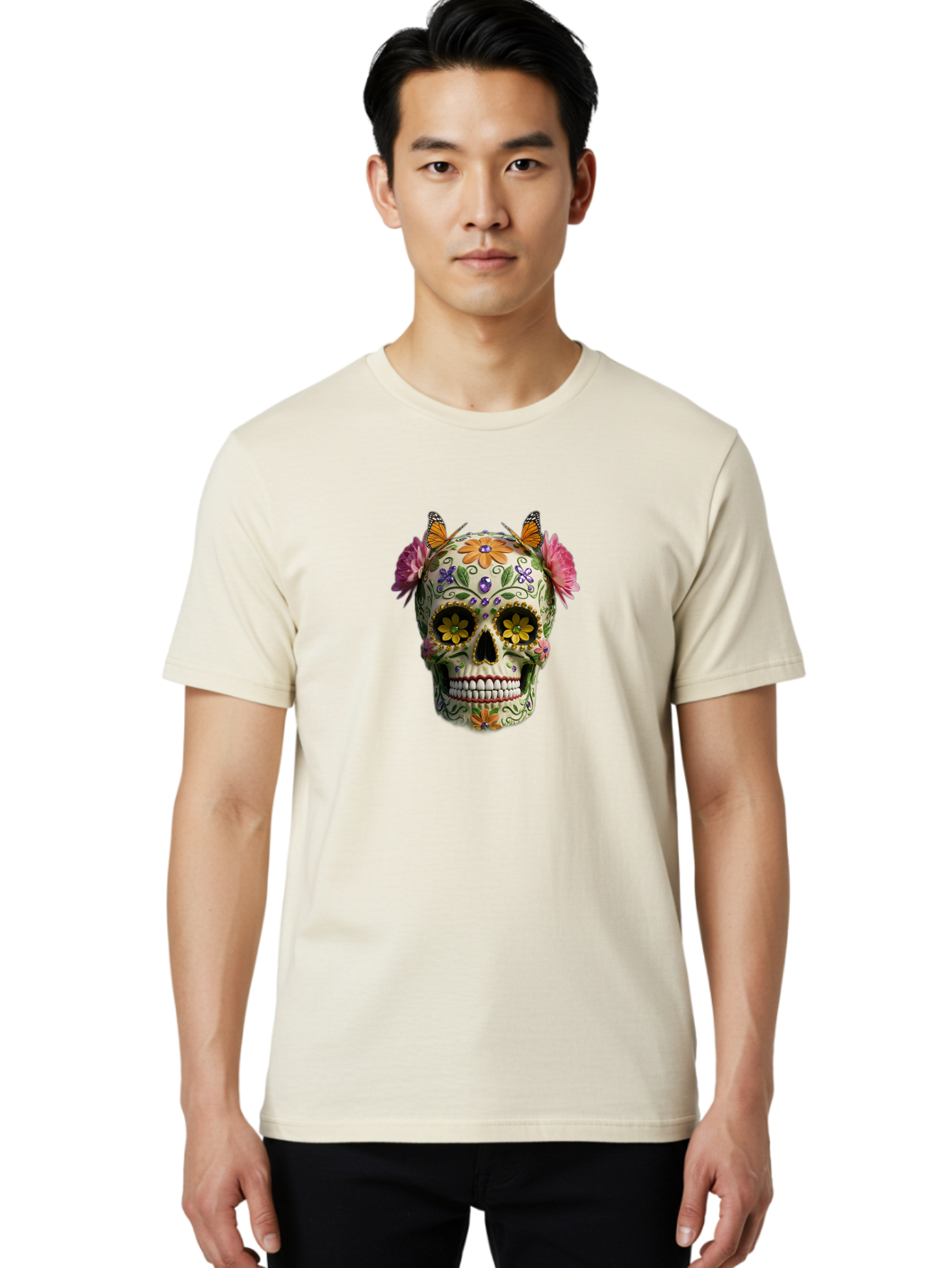 Sugar-Skull-23 Men'S Graphic Tee, 100% Cotton, Comfortable Casual Summer Wear, Machine Washable, Sugar Skull, Floral Designs, Vibrant Colors, Butterfly Decorations, Day Of The Dead, Mexican Culture, Festive Atmosphere, Colorful Flowers, Bad773 29