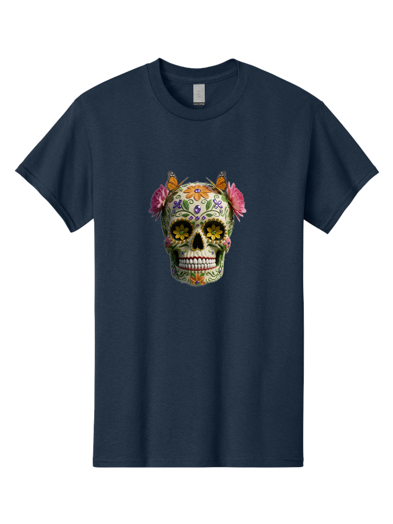 Sugar-Skull-23 Men'S Graphic Tee, 100% Cotton, Comfortable Casual Summer Wear, Machine Washable, Sugar Skull, Floral Designs, Vibrant Colors, Butterfly Decorations, Day Of The Dead, Mexican Culture, Festive Atmosphere, Colorful Flowers, Bad773 11