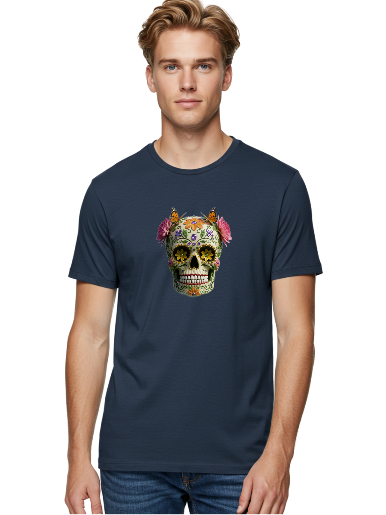Sugar-Skull-23 Men'S Graphic Tee, 100% Cotton, Comfortable Casual Summer Wear, Machine Washable, Sugar Skull, Floral Designs, Vibrant Colors, Butterfly Decorations, Day Of The Dead, Mexican Culture, Festive Atmosphere, Colorful Flowers, Bad773 26