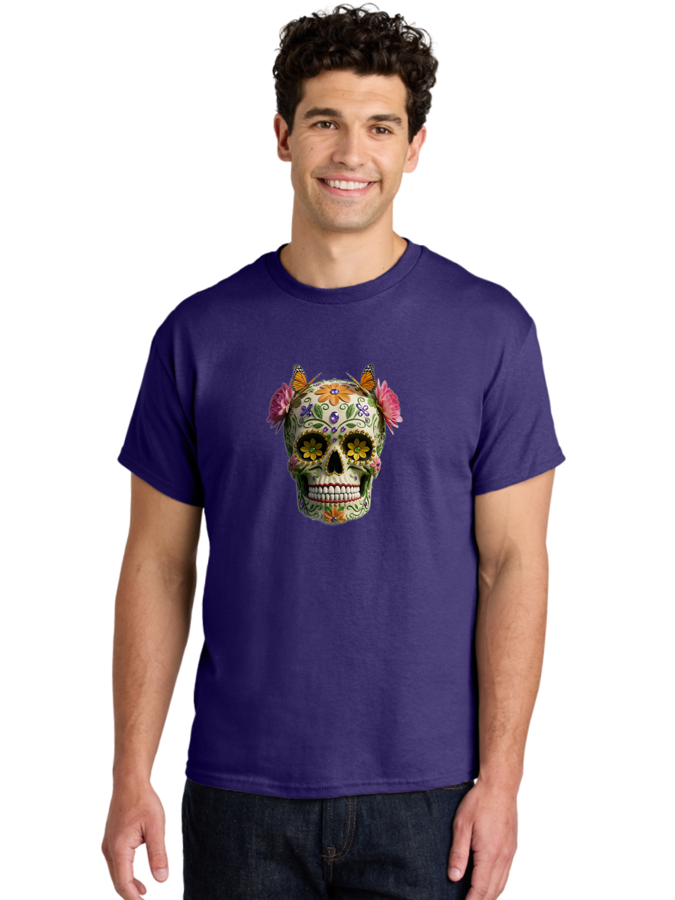Sugar-Skull-23 Men'S Graphic Tee, 100% Cotton, Comfortable Casual Summer Wear, Machine Washable, Sugar Skull, Floral Designs, Vibrant Colors, Butterfly Decorations, Day Of The Dead, Mexican Culture, Festive Atmosphere, Colorful Flowers, Bad773 25