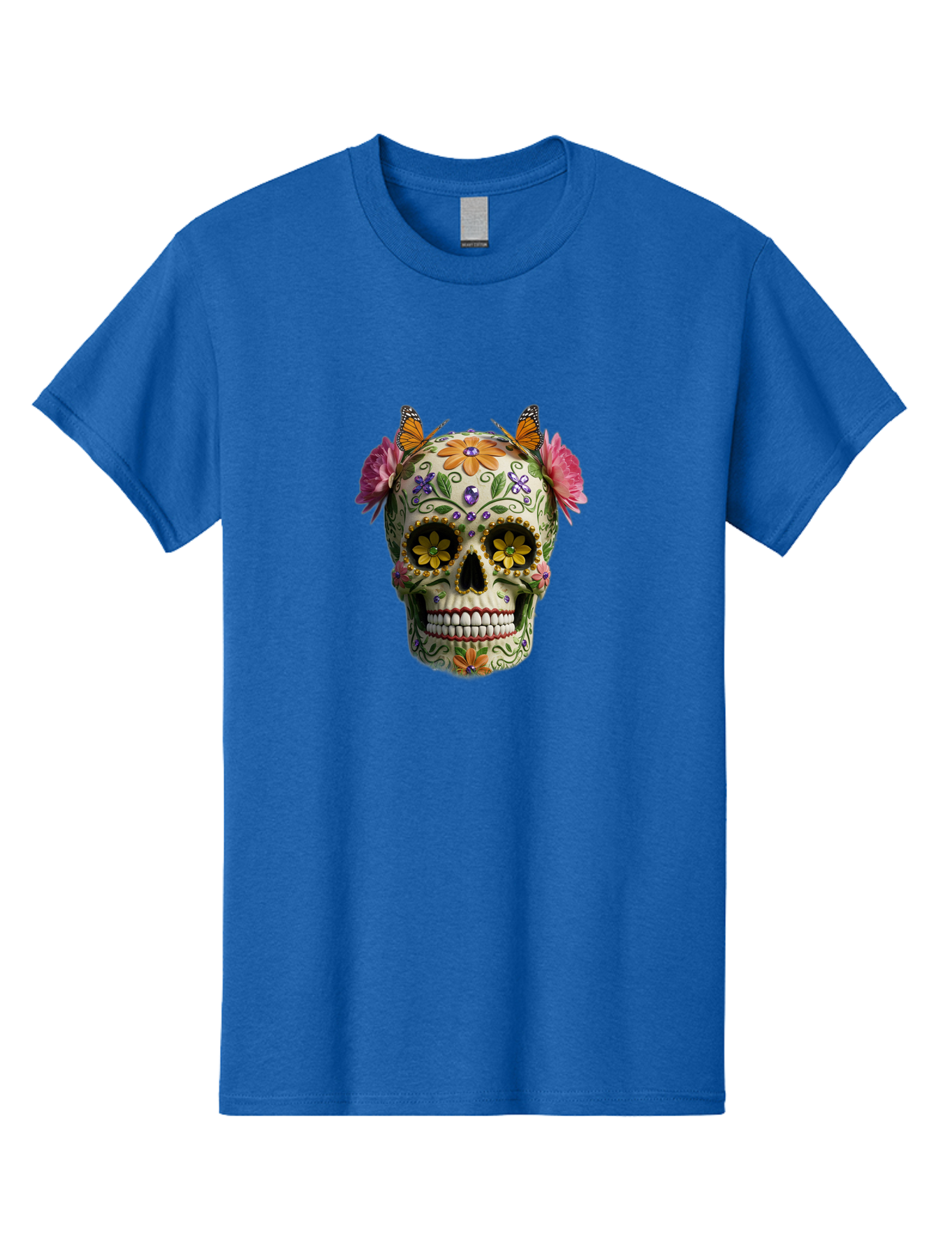 Sugar-Skull-23 Men'S Graphic Tee, 100% Cotton, Comfortable Casual Summer Wear, Machine Washable, Sugar Skull, Floral Designs, Vibrant Colors, Butterfly Decorations, Day Of The Dead, Mexican Culture, Festive Atmosphere, Colorful Flowers, Bad773 13
